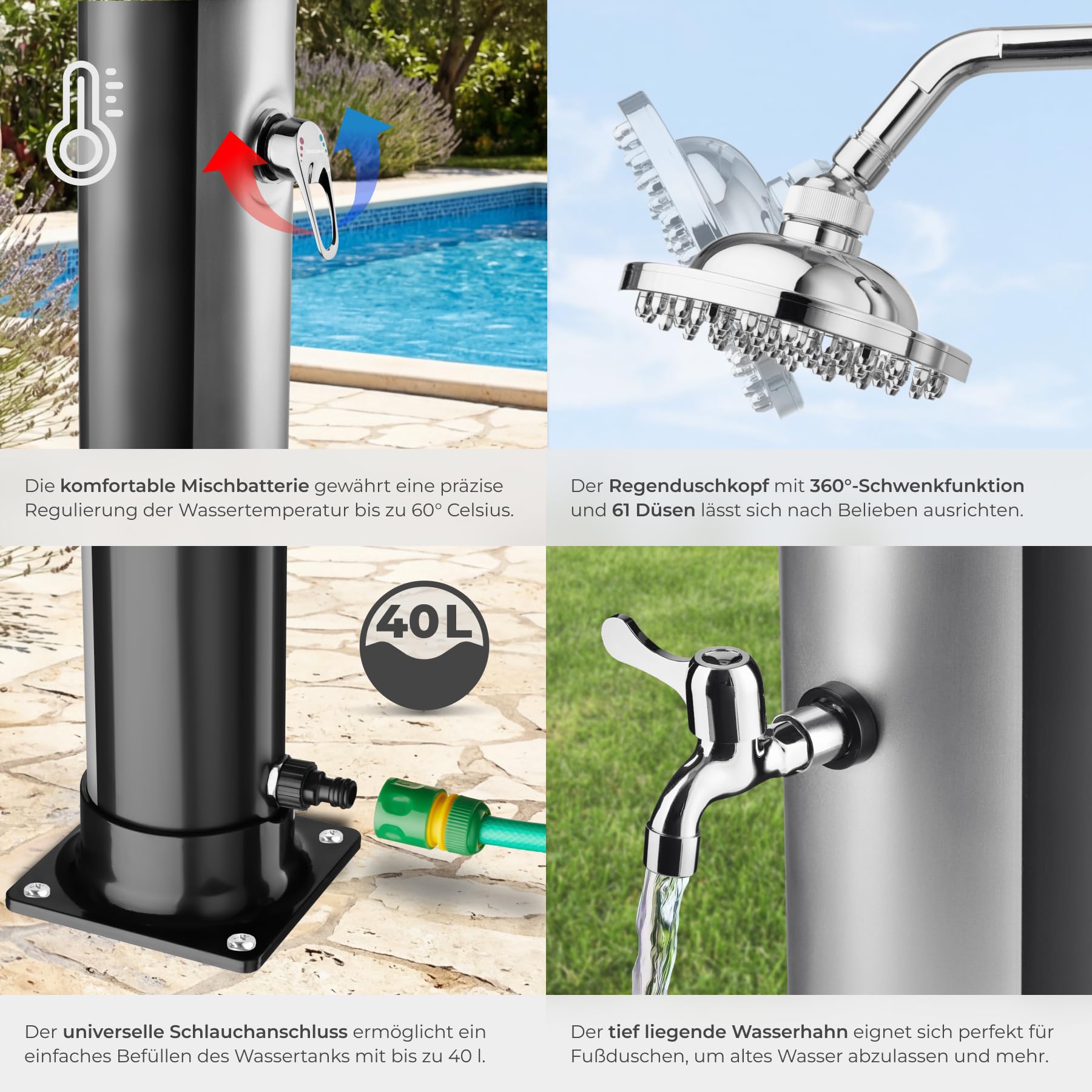 TecTake® Solardusche, 40 l, bis 60° C warmes Wasser, drehbarer Regenduschkopf, Gartenschlauch-Anschluss, Solar Dusche, Solar Duschen, Garten Solardusche, Camping Solardusche, schwarz/Silber