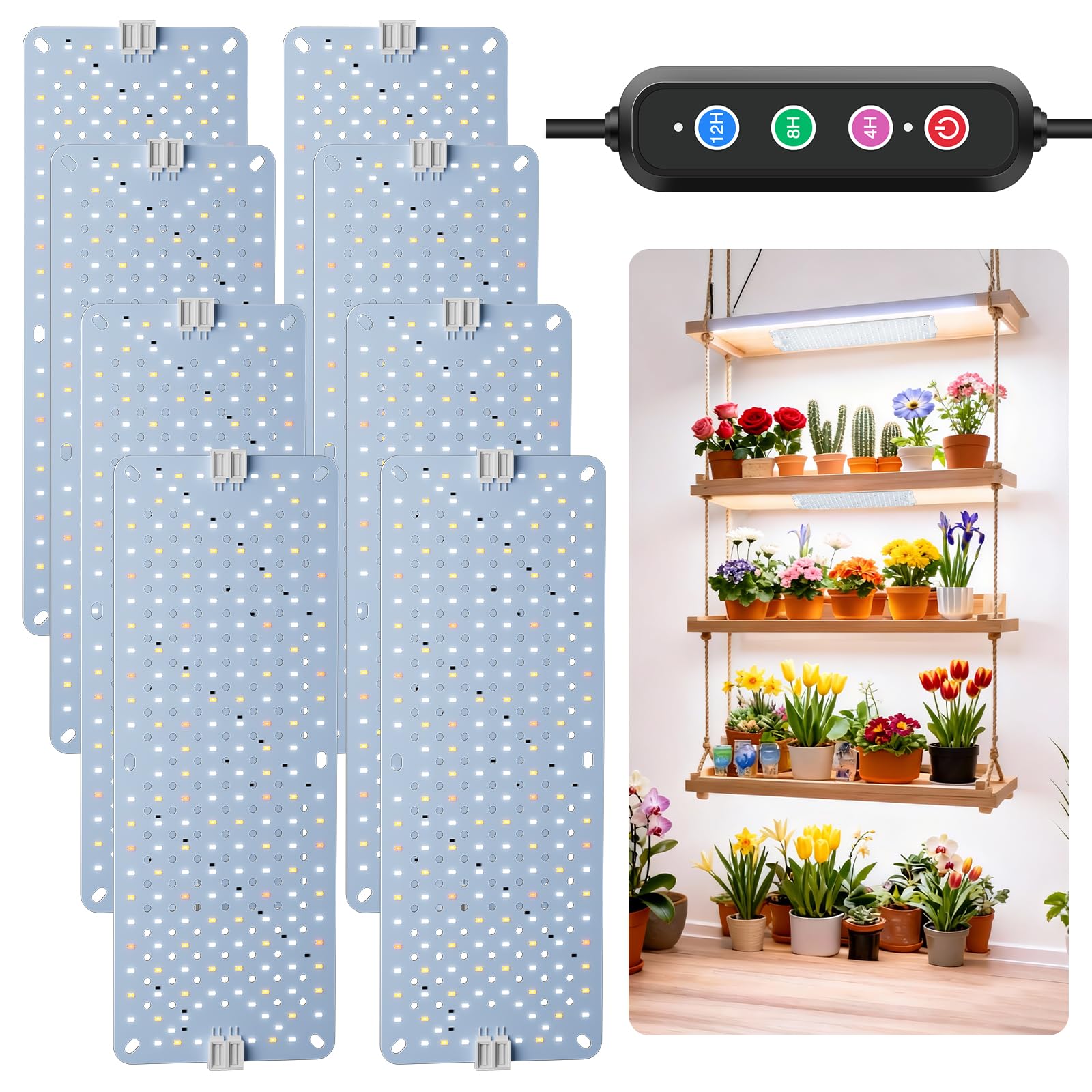 8 Pack COKOLILA Lampada di Crescita LED 40W, Grow Light con Spettro Completo + UV, Timer Auto 4/8/12/16/20H e Daisy-Chain, 1536 LED per Piante da Interno, Terrario