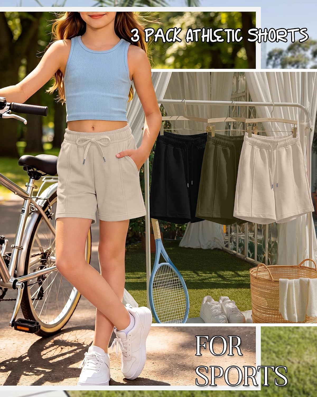 3 Pack Girls' Shorts Summer Kids Drawstring Elastic Waist Casual Athletic Loose Shorts with Pockets 5-14 Years