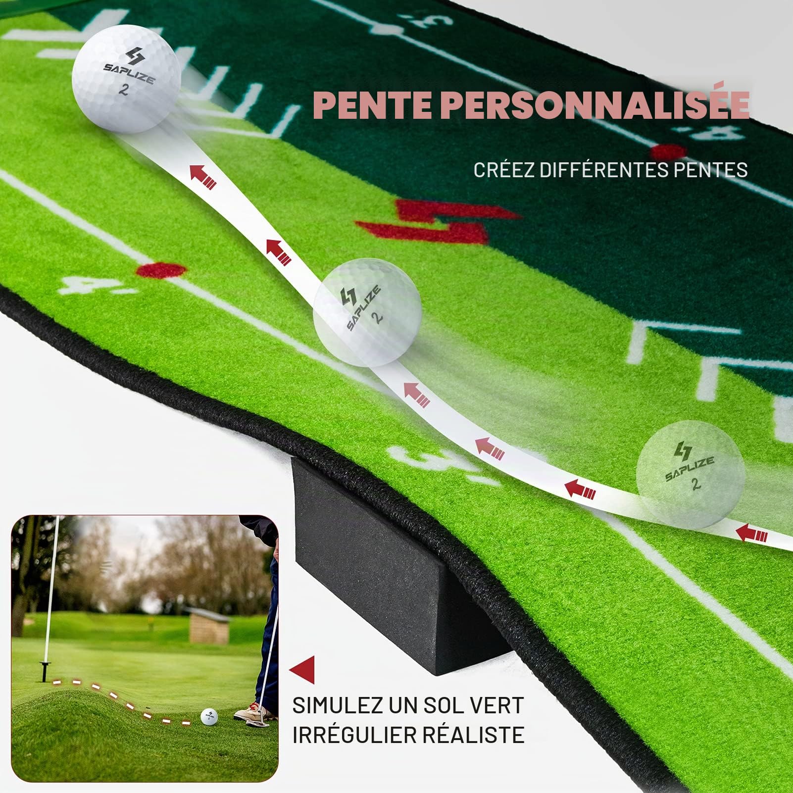 SAPLIZE Tapis de putting de golf avec miroir d'alignement de putting - 20 x 10 pieds - Pour l'intérieur et l'extérieur - Pour le travail à domicile et le bureau