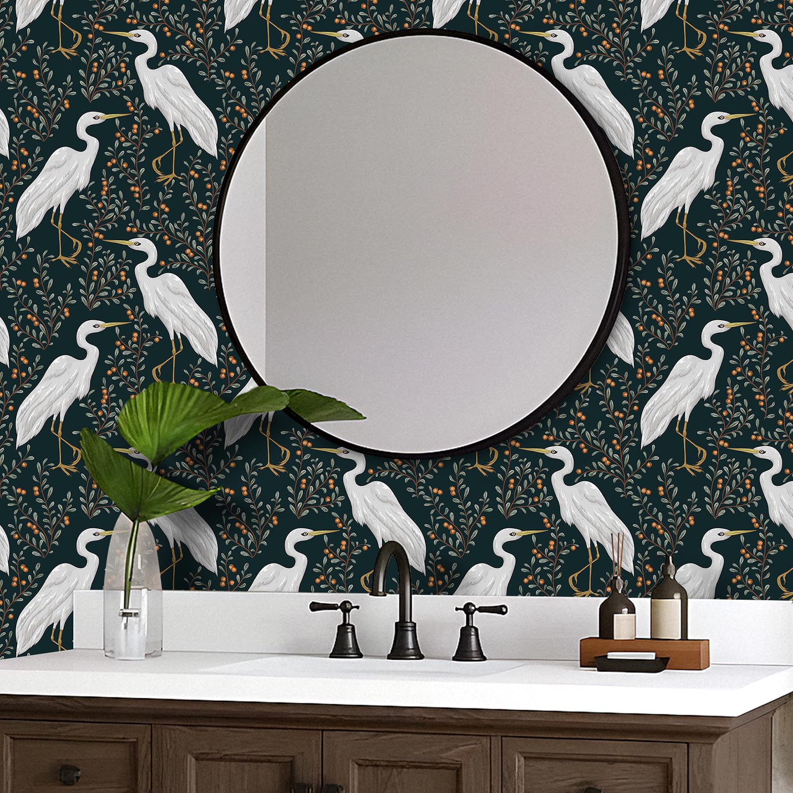 FunStick 44.5CMx9M Dark Green Leaf Wallpaper Peel and Stick Bathroom Wallpaper Stick on Walls Removable Water Bird and Leaf Pattern Vinyl Wrap for Furniture Tree Fruit Dark Green Sticky Back Plastic - Image 2