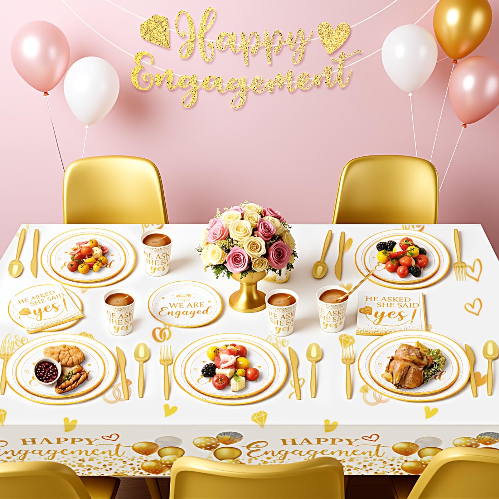 Décorations de fête de fiançailles, kit de fournitures de fête « He Asked She Said Yes », assiettes en papier, serviettes, nappe de table jetable pour décoration de demande en mariage, pour 20