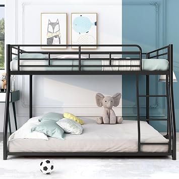 Bellemave Metal Full XL Over Queen bunk Bed, Floor Twin XL Over Queen Bunk Bed Frame with Ladder and Guardrails,Black no slats