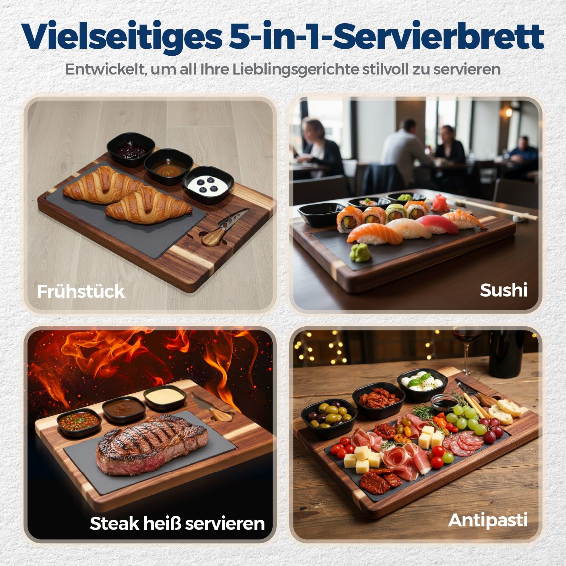 Servierbrett Set PERSONALISIERBAR mit Schieferplatte – Große Antipasti Platte aus Akazienholz inkl. Käsemesser & 3 Schalen – Servierplatte für Käse, Sushi, Tapas & Grill – Käseplatte 40x30 cm