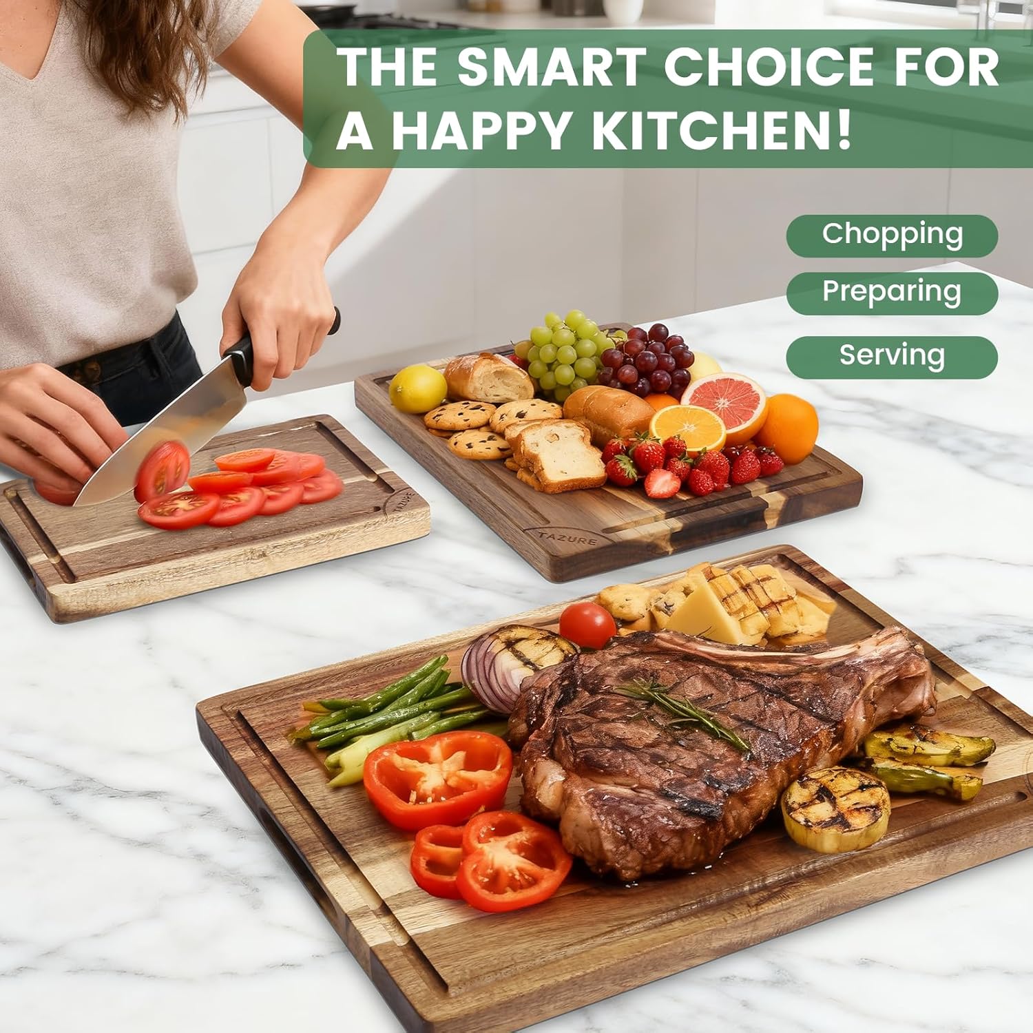 Natural Acacia Wood Cutting Board Set of 3 with Storage Stand, Heavy Duty Thick Chopping Boards for Kitchen, Deep Juice Groove & Serving Handles, Pre-Oiled Reversible Meat & Cheese Board (S/M/L)