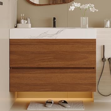 30 inch Modern Floating Bathroom Vanity with Ceramic Sink and Faux Marble Countertop, Wall-Mounted Bathroom Sink Cabinet with 2 Soft Closing Drawers for Bathroom, Powder Room, Apartment, Walnut