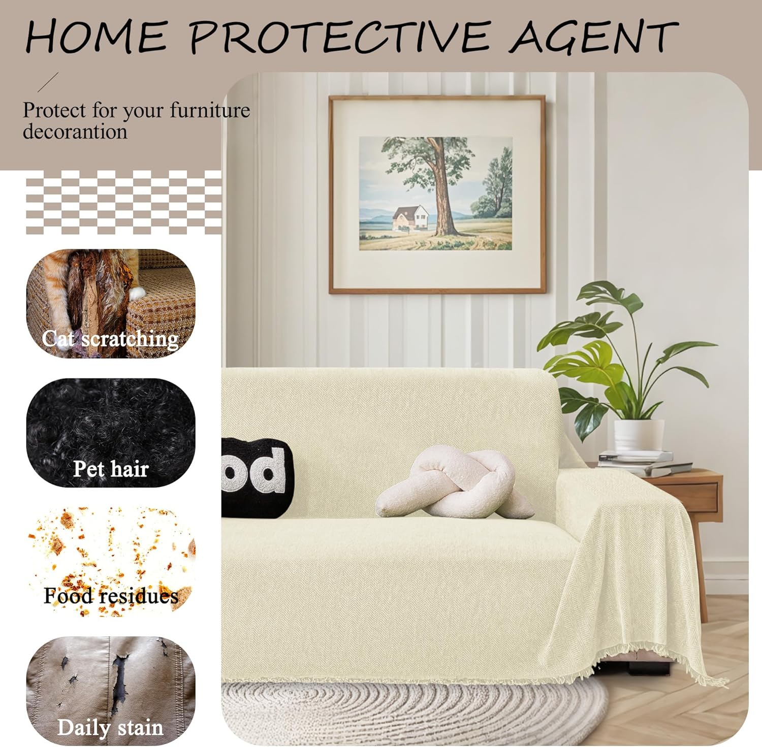 ALIECOM Corner Sectional Couch Covers L Shape Sofa Cover with Tassel Chenille Soft Thick U Shaped Sectional Slipcovers Washable Furniture Protector for Pets Dogs Cats (Beige, 91x275 Inch)
