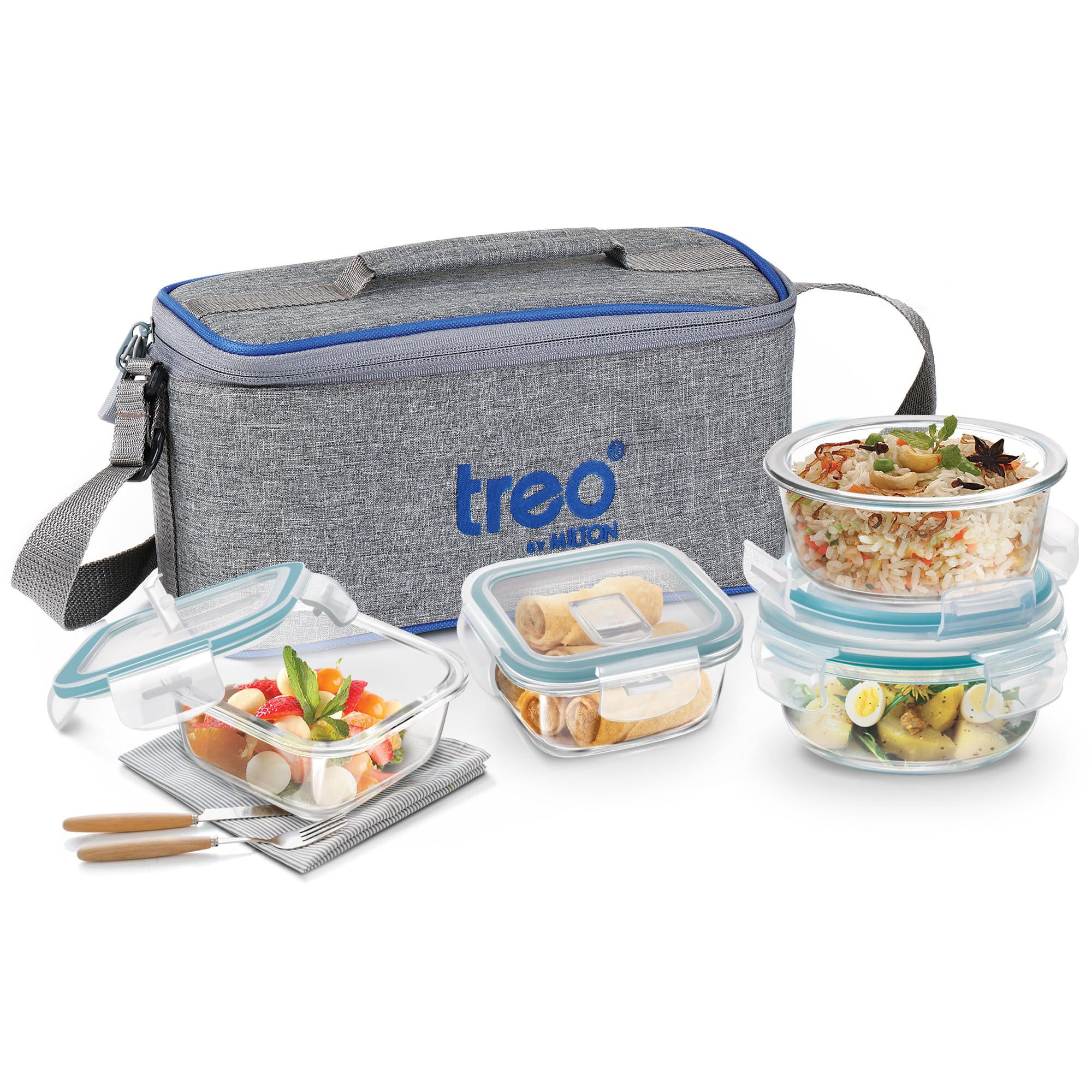 Treo by Milton All Fresh Omni Glass Tiffin with Jacket, Set of 4 (2 Round Container, 400 ml Each; 2 Square Container, 320 ml Each) Grey | Microwave & Oven Safe | Stackable | Leak Proof | Office