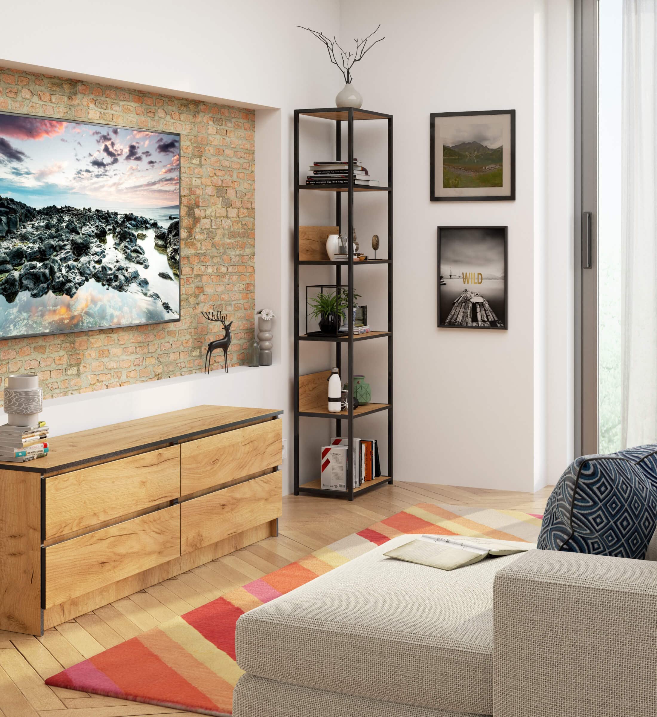 AKORD Libreria Industrial Style a 6 Ripiani 50 cm | Libreria Ferro e Legno | Aperto | Struttura a Scaletta | Scaffali autoportanti per Ufficio, Cucina, Bagni, Soggiorni | Biblioteca Nero/Rovere Craft