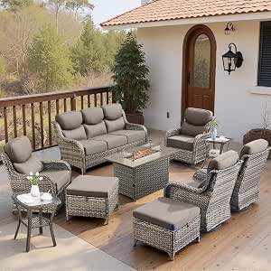 Belord Luxury 6" Thick Cushioned 10-Piece Patio Furniture Set with Fire Pit Table, Wicker Outdoor Conversation Set with High Back Swivel Rocker Chairs, Grey