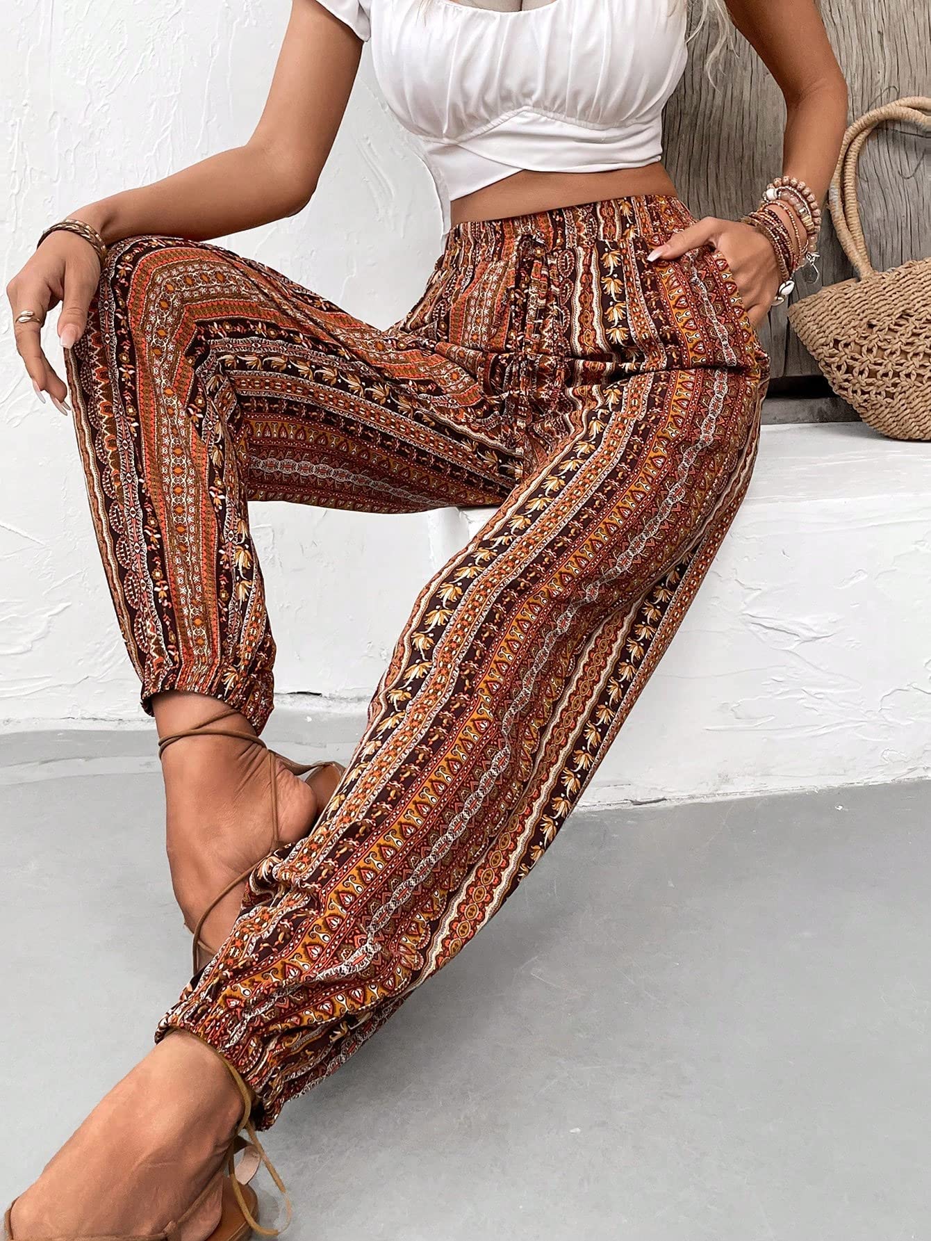 CRYBA Womens Pants Allover Print Slant Pocket Pants Pant for Women