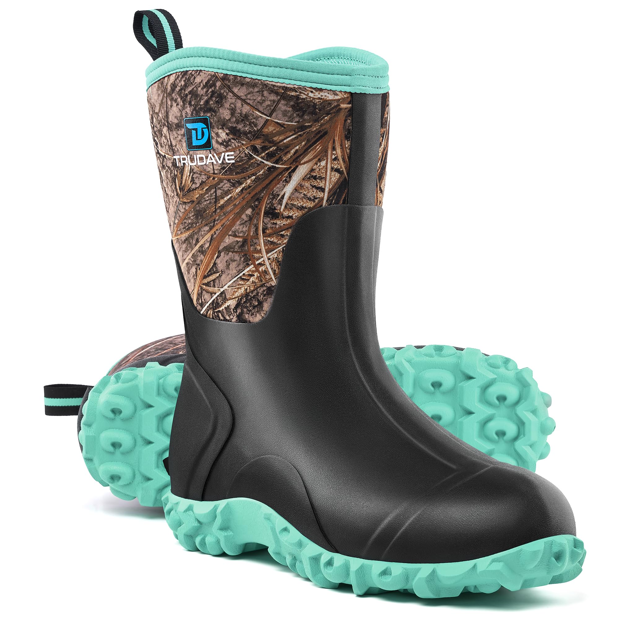 Trudave Rubber Boots for Women with Steel Shank, 6mm Neoprene Mid Calf Rain Boots, Waterproof Insulated Mud Work Boots All Season, Size 5-11