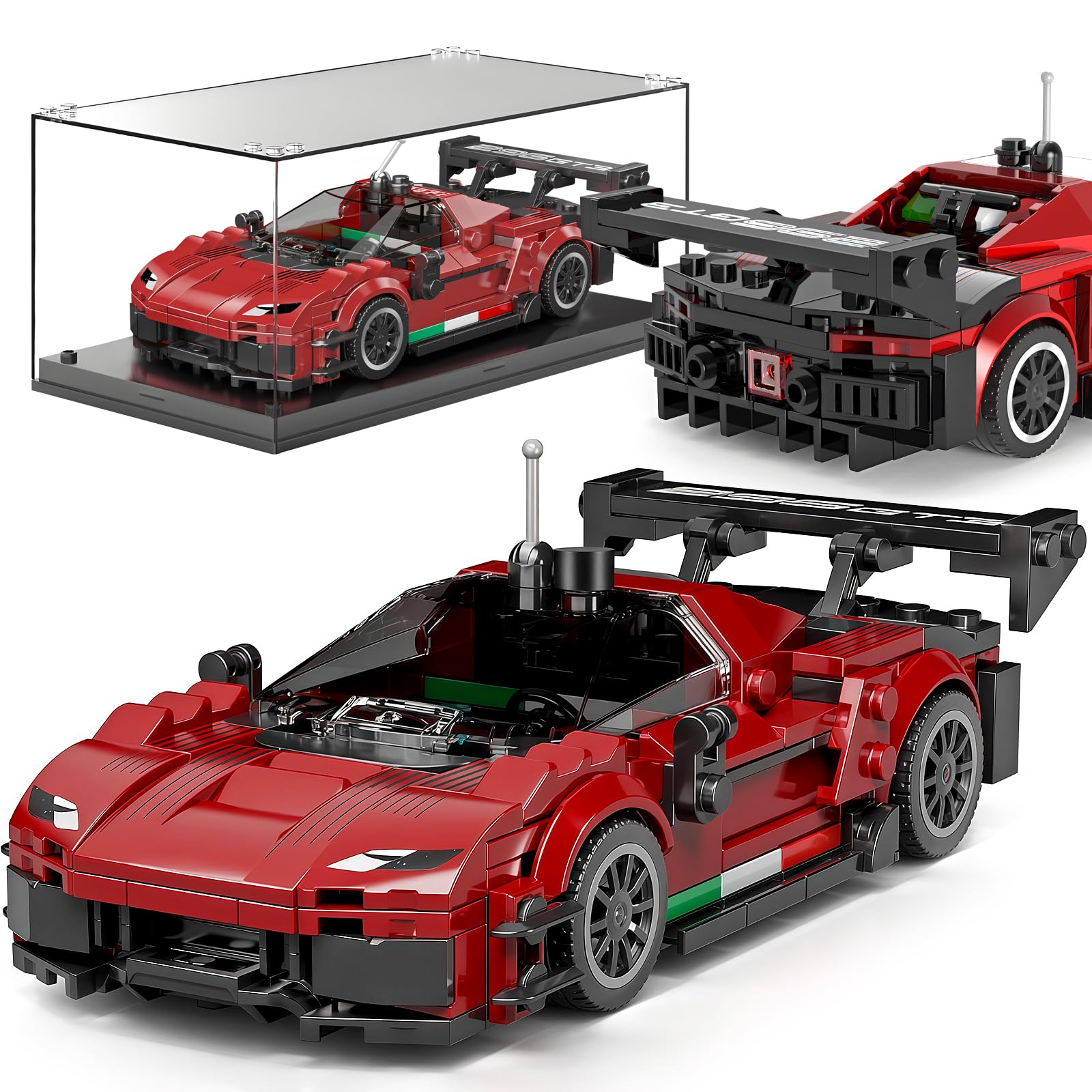 Mould King 27087 Speed Champion Auto Klemmbausteine mit Acrylvitrine, Technik Bausteine Rennwagen Sportwagen Bauspielzeug, sammelbares Modellauto, Rennauto Bausätze für Erwachsene (487 Teile)