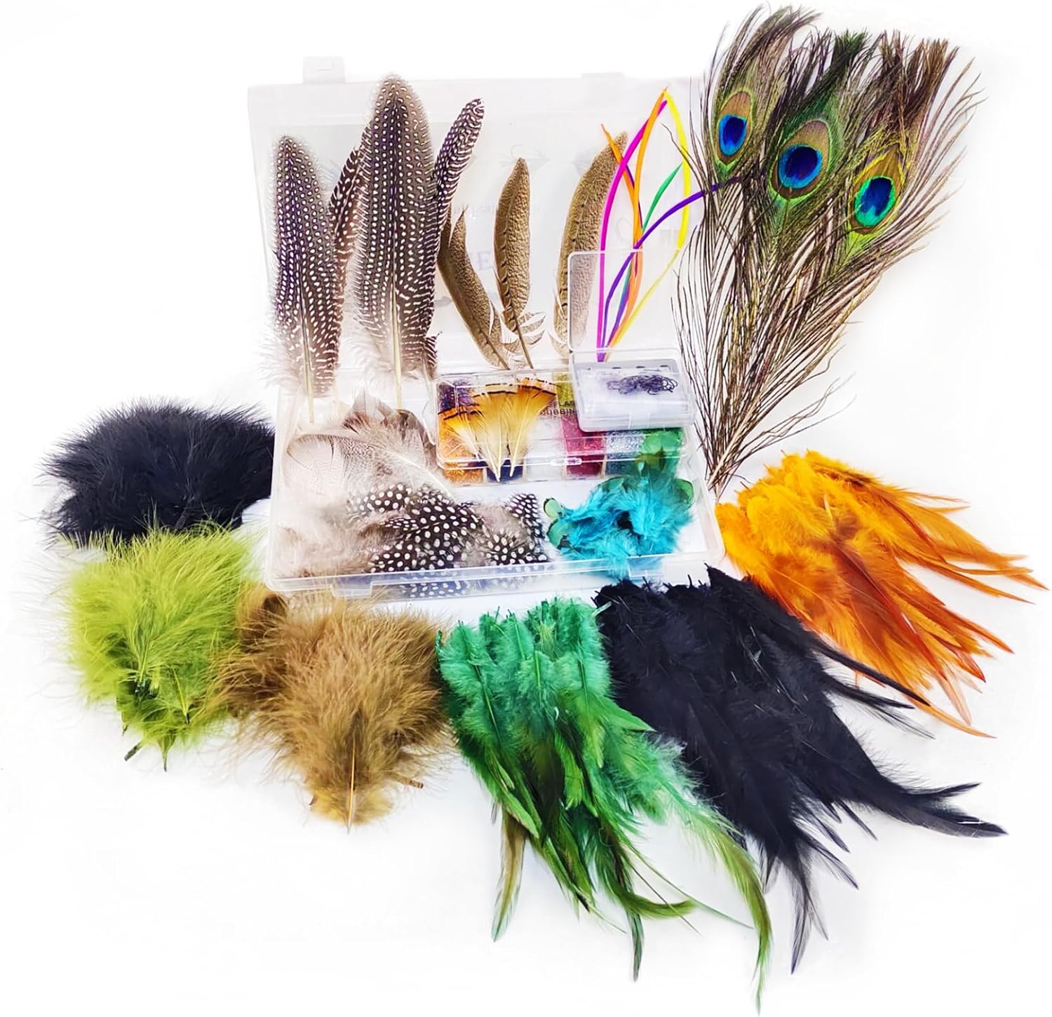 EUPHENG Fly Tying Materials Kit 14 Types of Feathers, Dubbing & Hooks, UV Dyed Hackle Feathers Starter kit for Tying Fly Fishing Flies, Perfect for Tails & Wings, Easy to Tie Fly Tying Kit