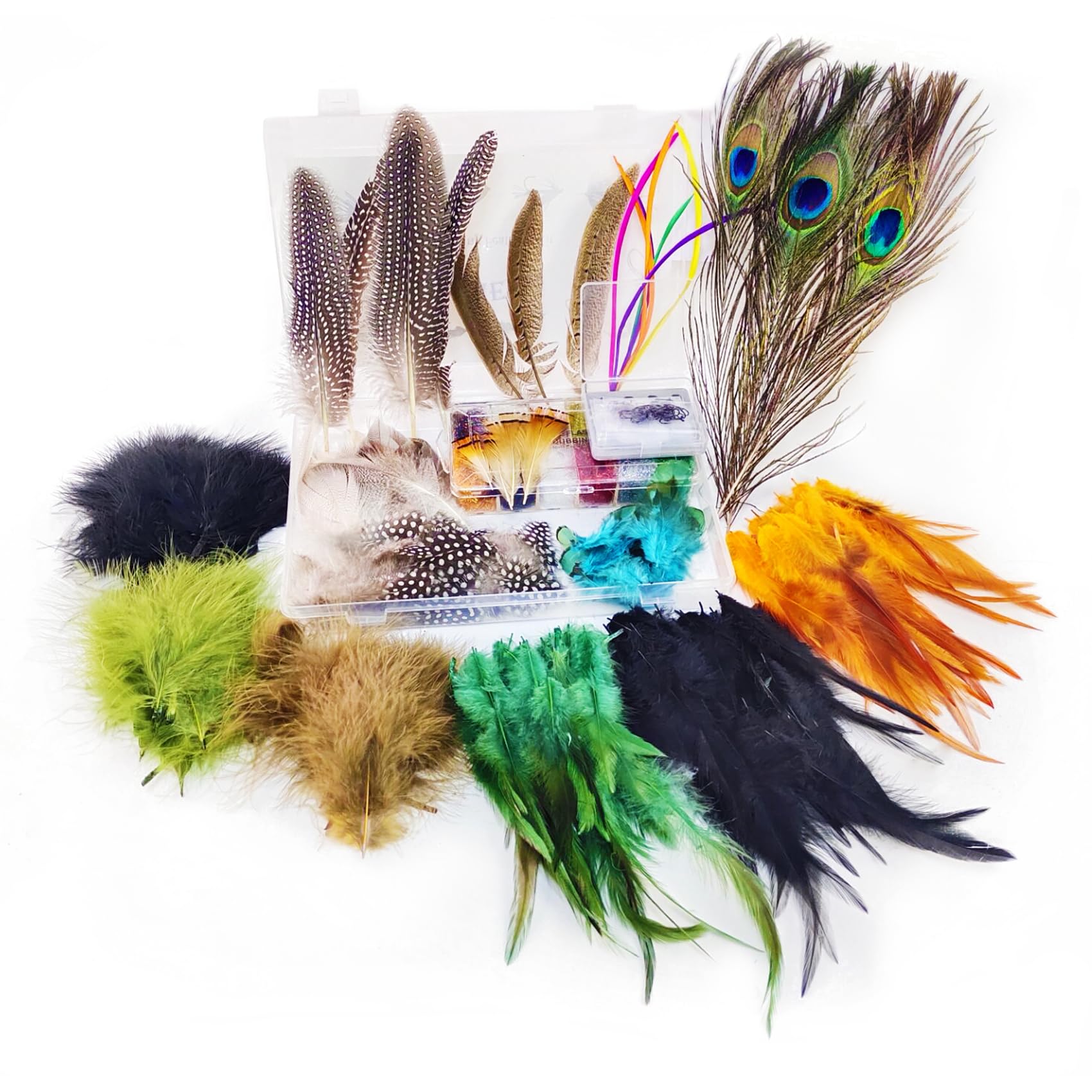 EUPHENG Fly Tying Materials Kit 14 Types of Feathers, Dubbing & Hooks, UV Dyed Hackle Feathers Starter kit for Tying Fly Fishing Flies, Perfect for Tails & Wings, Easy to Tie Fly Tying Kit