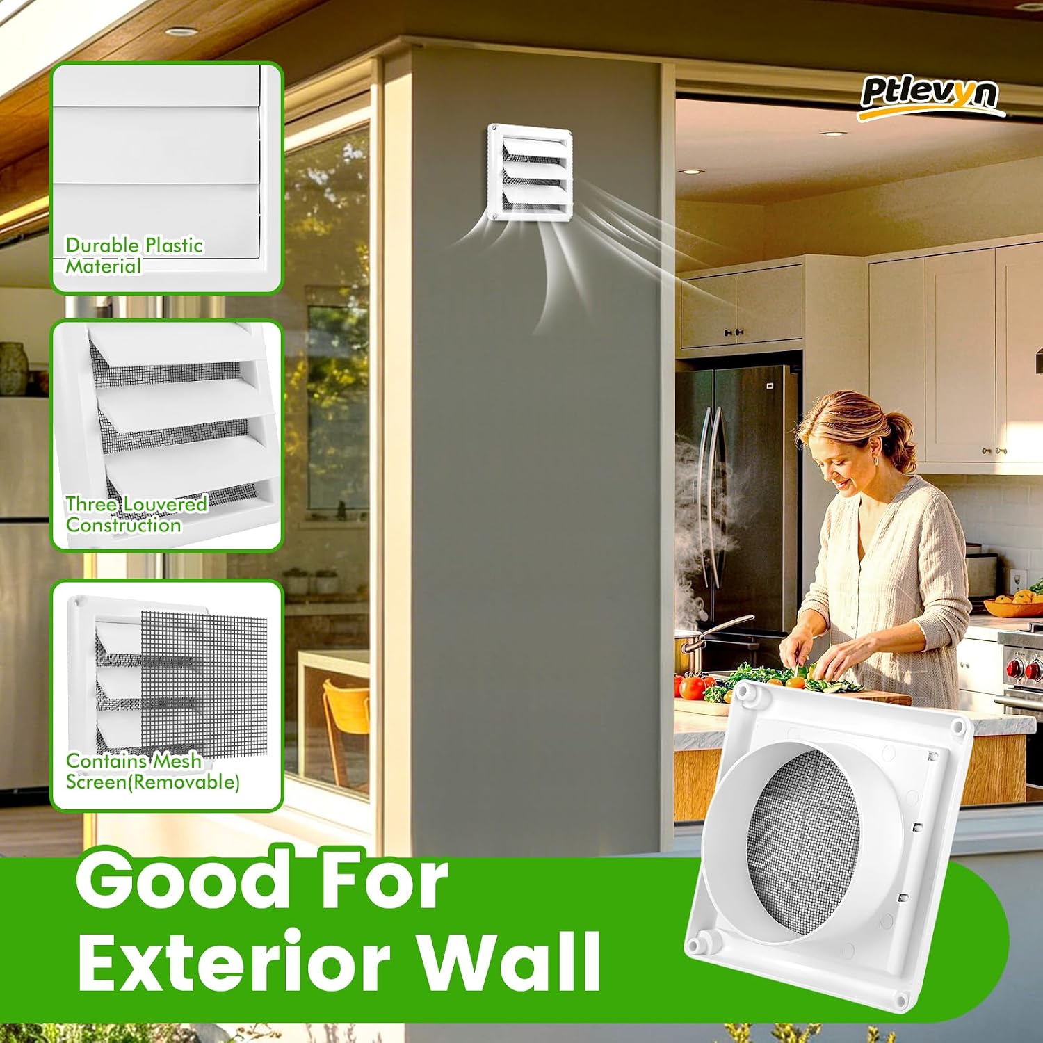 1P-4 inch outdoor white dryer vent cap, with louvered wall hood, gravity flap, and bug screen, protects your dryer from wind, rain, and UV rays, 6"x6" panel, safer and drier ventilation.