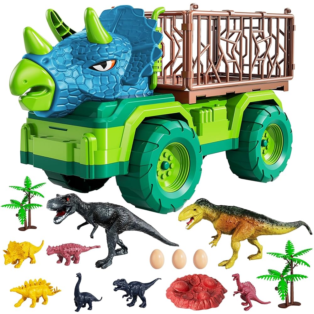 TEMI Dinosaur Truck Toy for Kids 3-5 Years, Triceratops Transport Car Carrier with 8 Dino Figures, Activity Play Mat, Dino Eggs and Trees, Capture Jurassic Dinosaurs Play Set for Boys and Girls