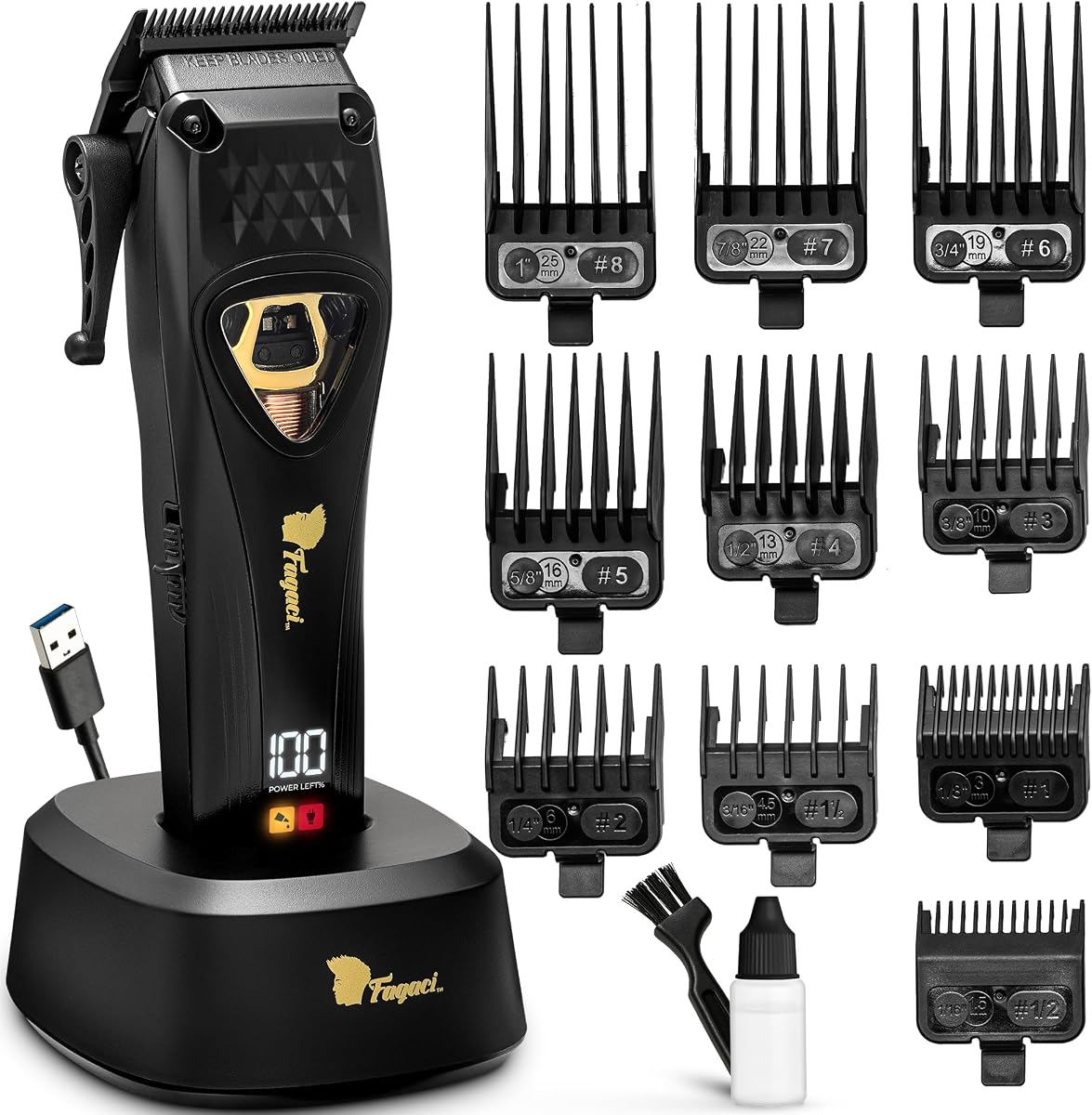 Fagaci Professional Hair Clippers for Men, Vector Motor 12000 RPM Cordless | Vector motor, 12,000 RPM, 2x lifespan, DLC coated blades, extreme hardness, Stays cool for precise, irritation-free cuts
