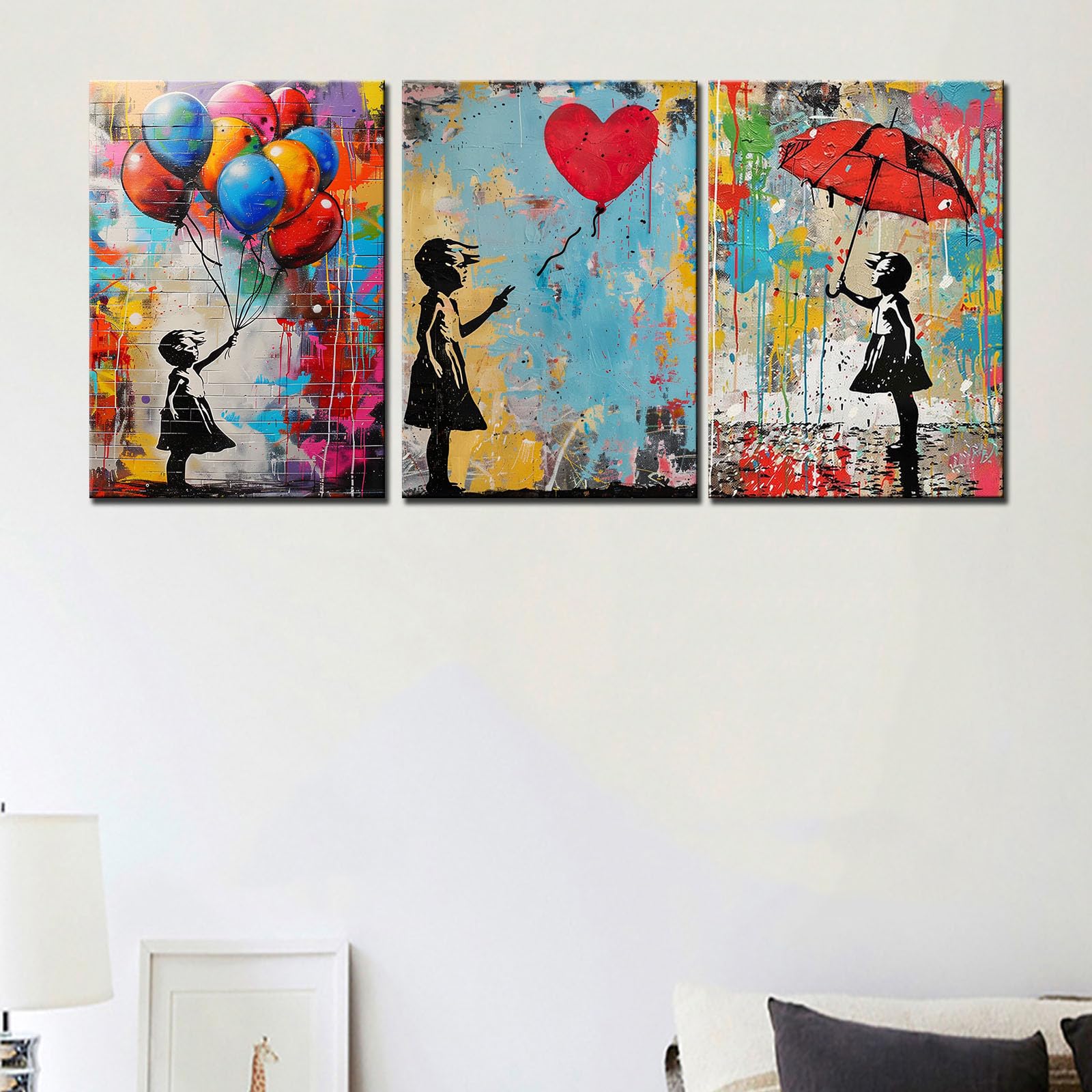 Tucocoo Banksy Wall Pictures for Living Room Street Art Little Girl Paintings Colorful Canvas Graffiti Balloon Red Umbrella Wall Art Creative Artwork Home Decor Framed Ready to Hang (14"x20" x 3Pcs) - Image 2