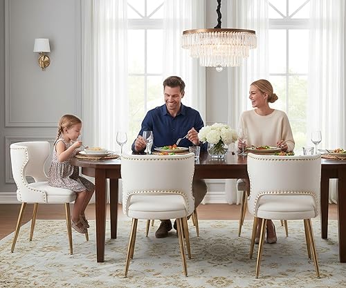 Miniatura 3 de Juego de 4 sillas de comedor de terciopelo beige con patas doradas, juego de 4 sillas de comedor modernas de mediados de siglo con respaldo de