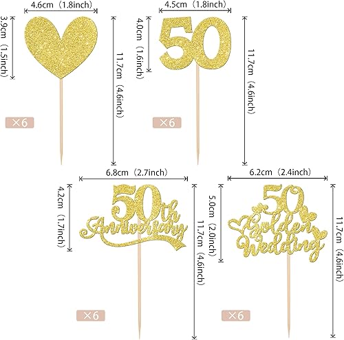 Miniatura 2 de 24 piezas de decoración para cupcakes de 50 aniversario con purpurina dorada, 50 piezas de oro para bodas y aniversarios de bodas de 50 años