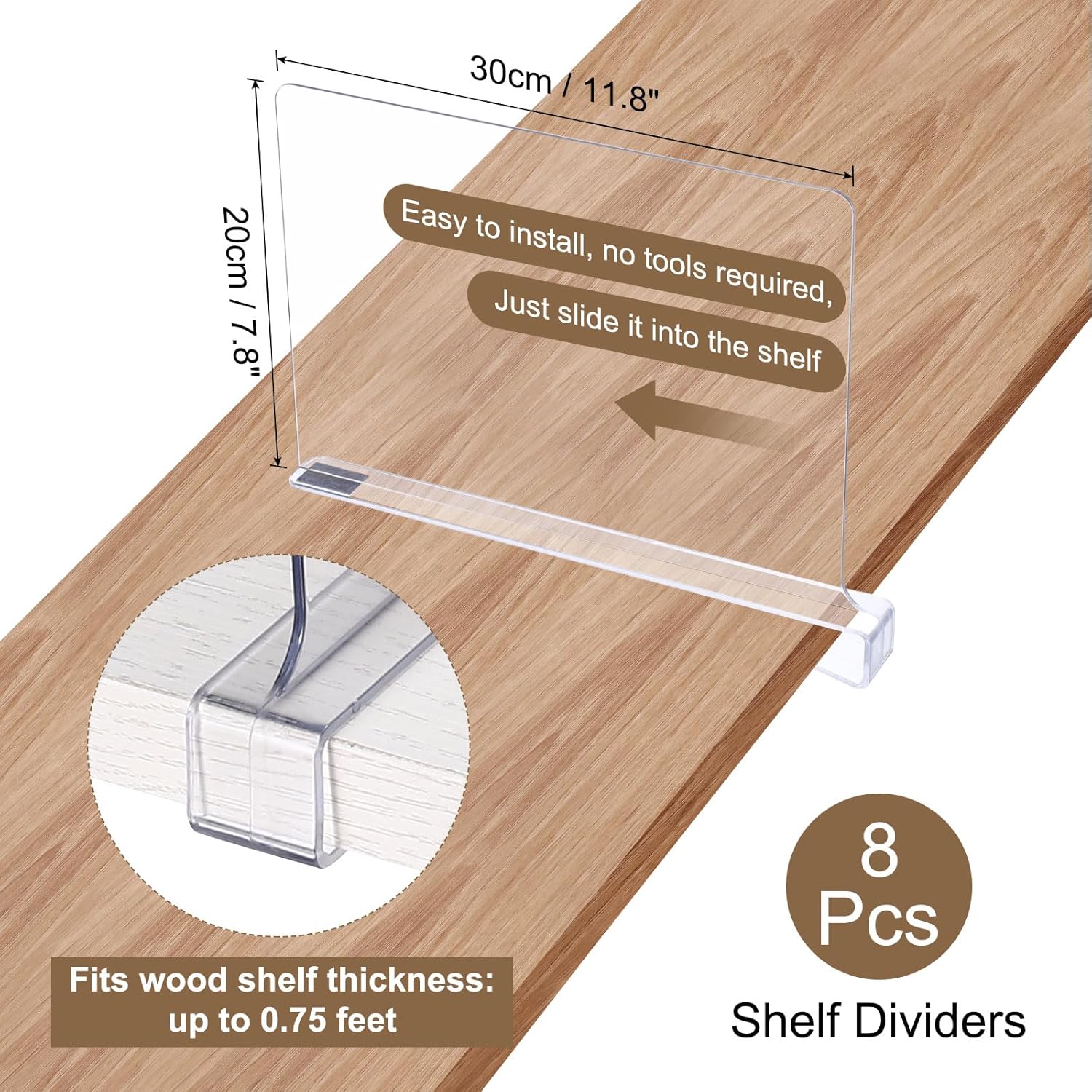uxcell 8pcs Shelf Dividers for Closet Organization, PET Clear Closet Shelves Dividers for Clothes Purse Bookshelf, Shelf Organizer for Wood Closet Separator