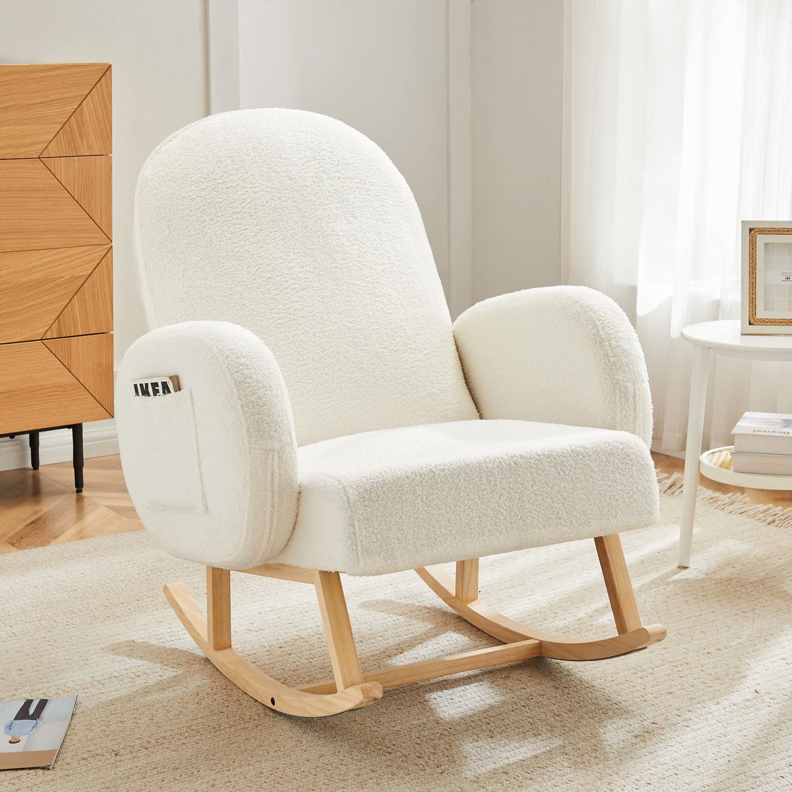 Jocoevol Upholstered Rocking Chair, Glider Chair with Side Pocket, Rocking Accent Chair with Rubber Wood Legs, Wooden Nursery Rocking Chair for Living Room, Bedroom, Nursery