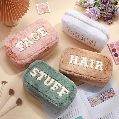 Miniatura 9 de Paterr 4 piezas de felpilla de Navidad, bolsa de maquillaje de felpa mullida, bolsa de maquillaje, bolsa de cosméticos, bolsa para el cabello, piel