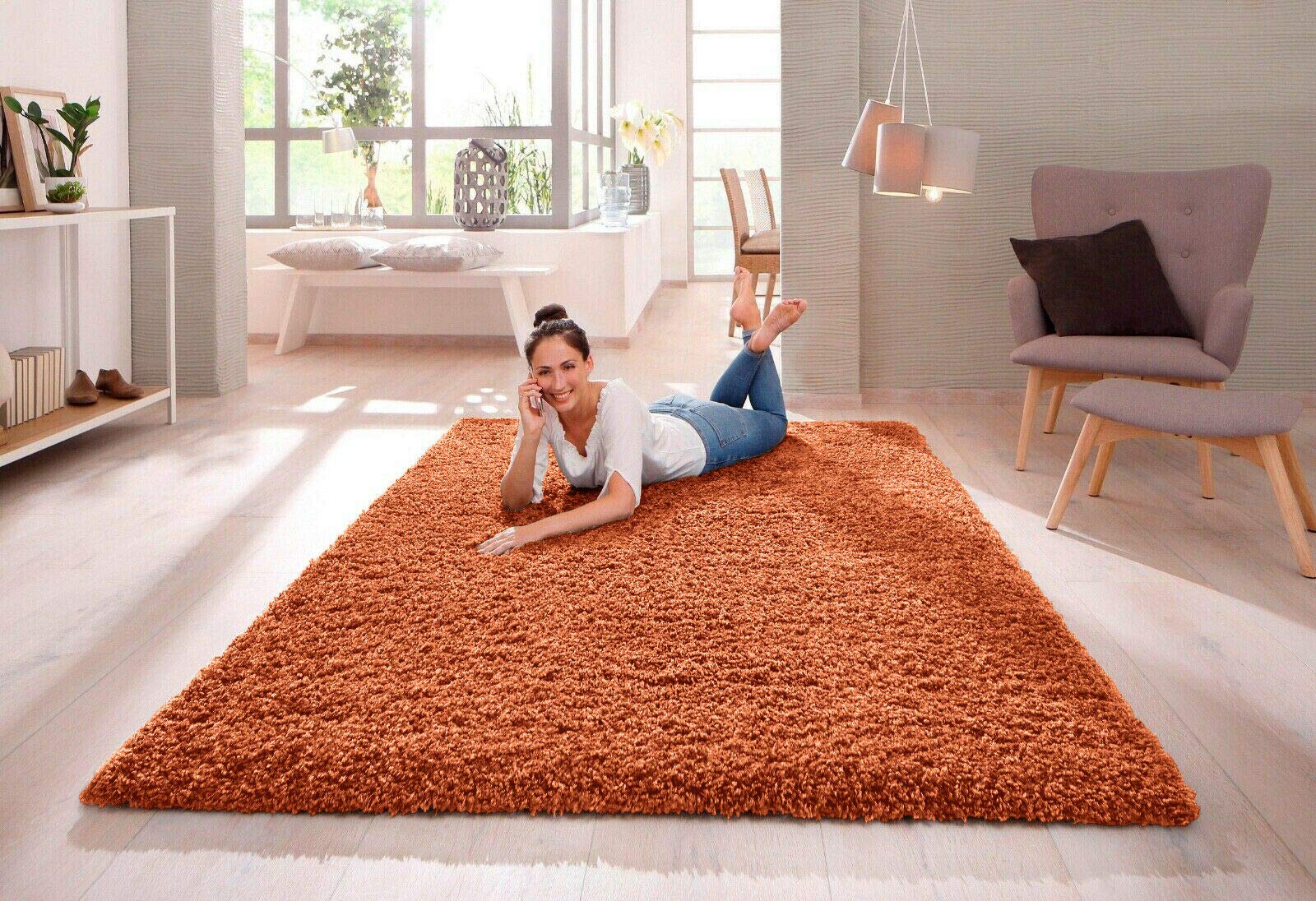 Viceroy Bedding Orange Shaggy Rug Modern Rugs Living Room Extra Large Small Rectangular Size Soft Touch 30Mm / 3Cm Thick Pile Living Room Area Rugs Non Shedding (, 200Cm X 290Cm (6.6Ft X 9.5Ft))