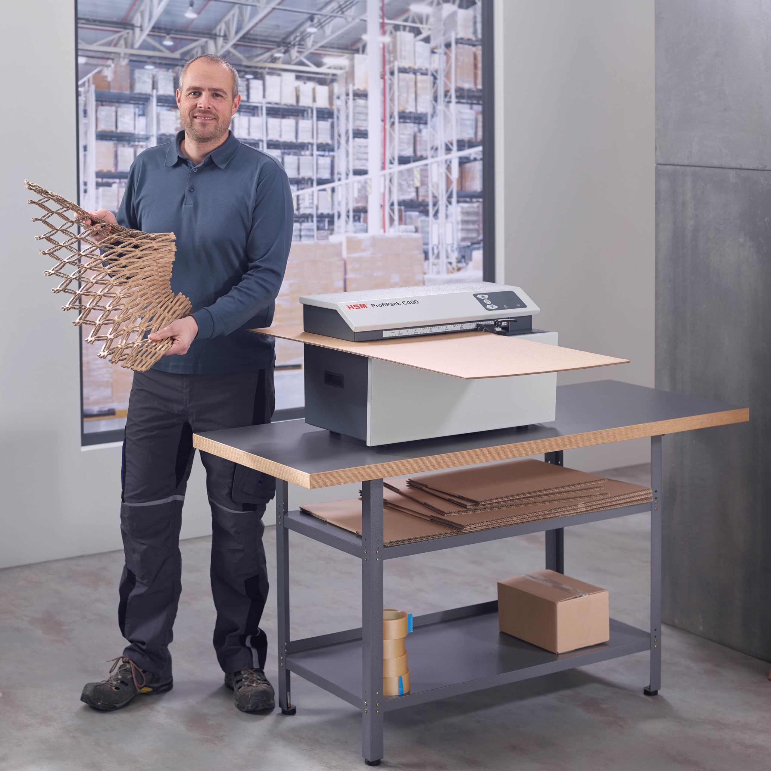 HSM ProfiPack C400 : déchiqueteuse de cartons pour Remplissage et Rembourrage avec matériel recyclé. Solution d'emballage Durable idéale pour l’entrepôt