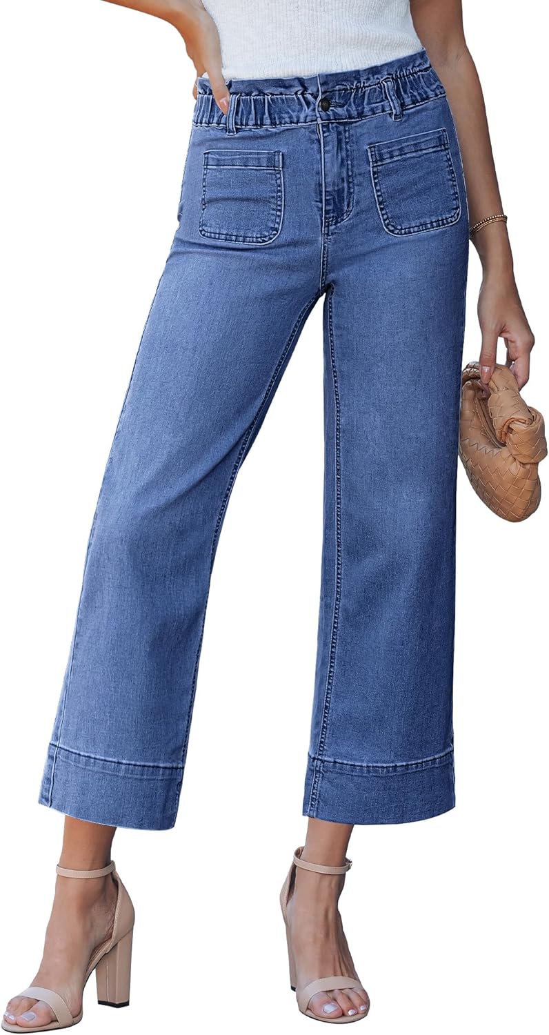 luvamia Wide Leg Jeans for Women Cropped High Waisted Patch Pocket Paper Bag Waist Stretchy Denim Pants Trouser Jeans