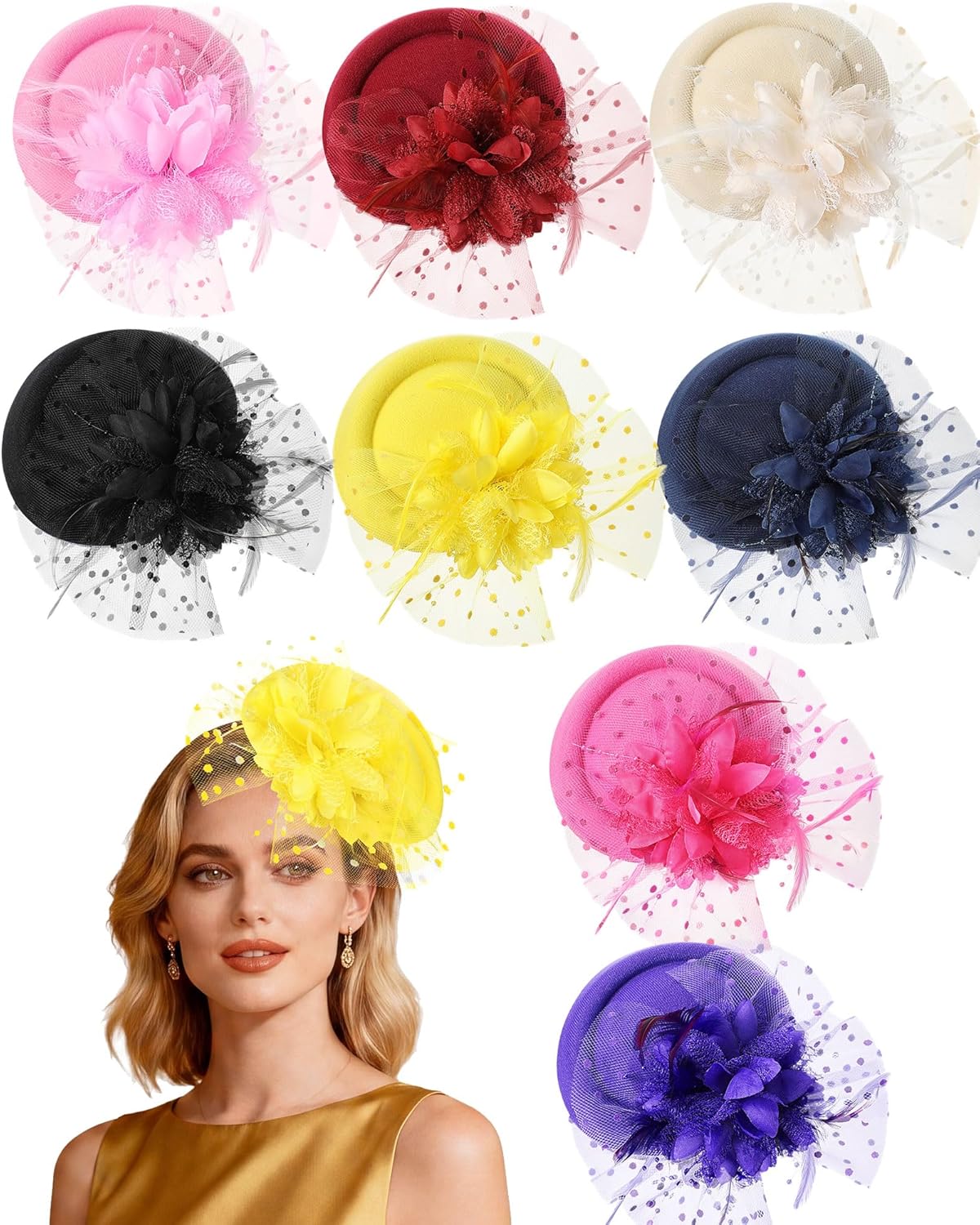 Suncalla 8 Pcs Fascinator Hats Pillbox Derby with Feather Women's Tea Party Hat Headwear for Wedding 20s 50s Dress Party