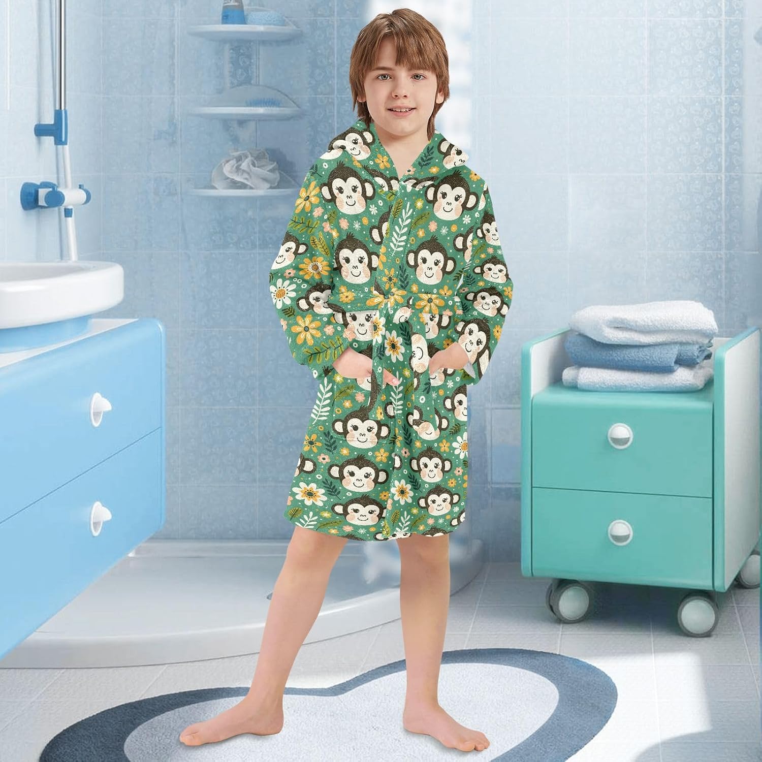 senya Monkey Faces Toddler Hooded Bathrobe Kids Soft Plush Bath Towel Robes for Boys Girls 2-12 Years