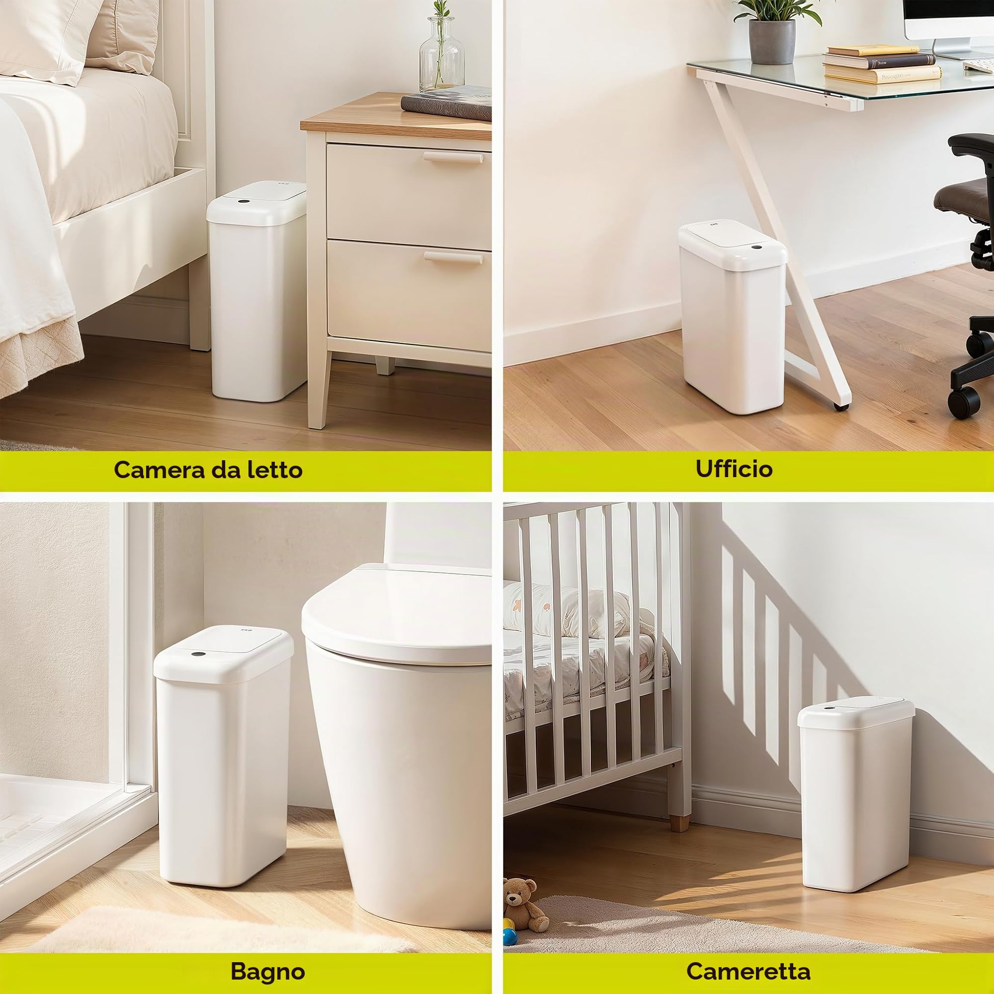 EKO Pattumiera automatica da bagno con coperchio, 2,6 litri, sottile, senza contatto, impermeabile, con sensore di movimento, per bagno, ufficio, cucina, bianco
