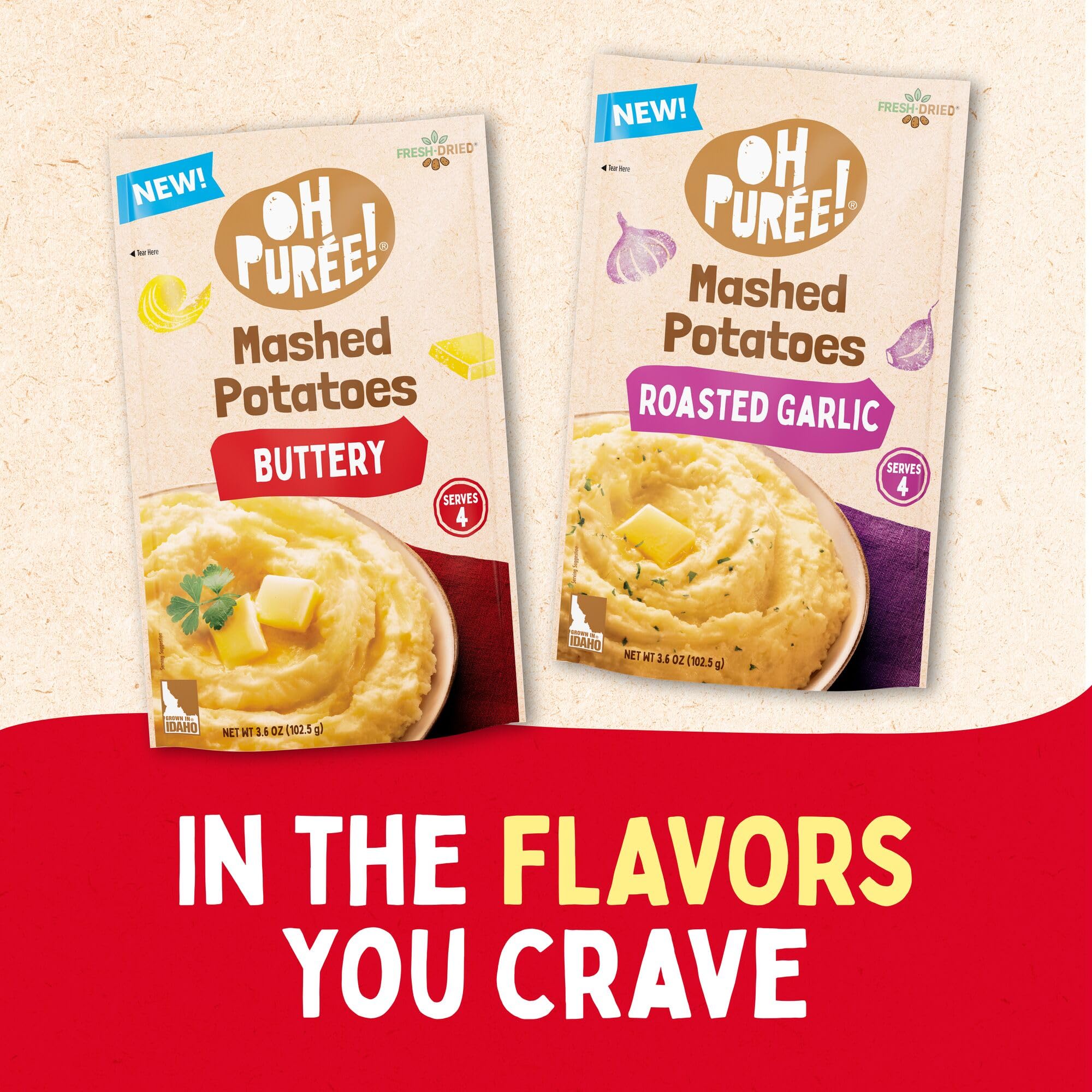 OH PURÉE! Buttery Mashed Potatoes, 4-servings, 3.6oz (Pack of 12), Gluten Free; Dairy Kosher; Vegetarian; No Artificial Flavors; No Artificial Colors; Made with 100% REAL Idaho Potatoes