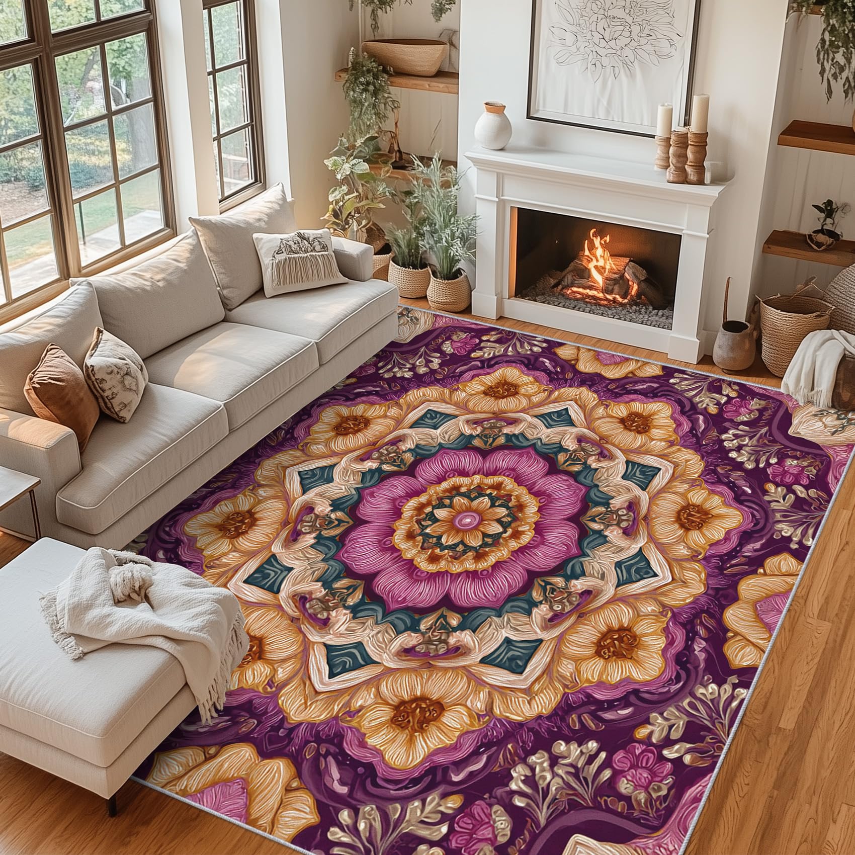 Moquette salon bohême tapis floral vintage grand format 160 x 230 cm