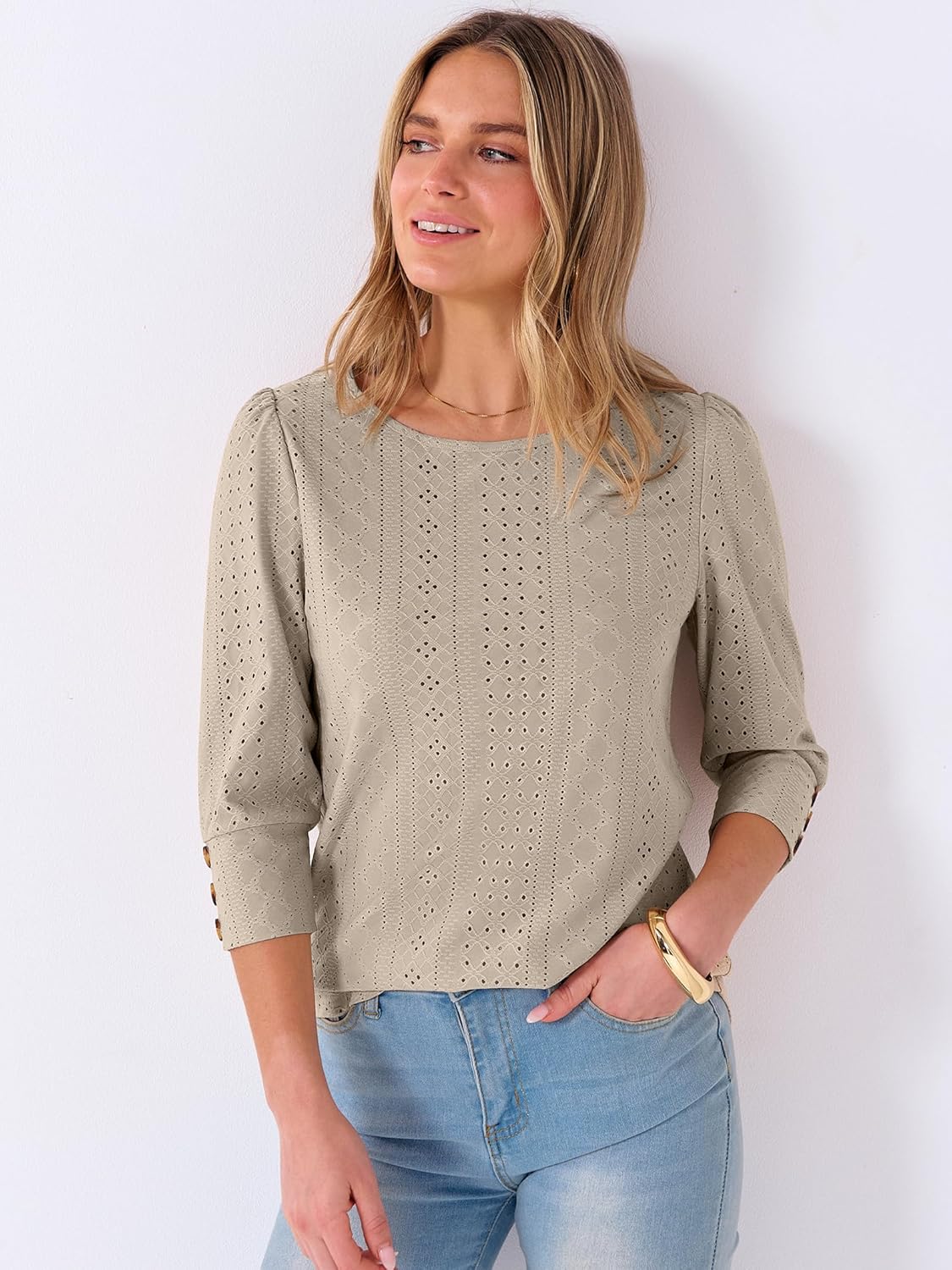 ANRABESS Womens Tops 3/4 Sleeve Dressy Casual Blouses with Buttons Summer Eyelet Business Shirts Tunics 2026 Spring Clothes - Image 4