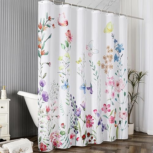 Miniatura 22 de Cortina de ducha floral de poliéster impermeable de 72 x 72 pulgadas, cortinas de ducha para baño, dobladillo pesado. Cortina de ducha de tela
