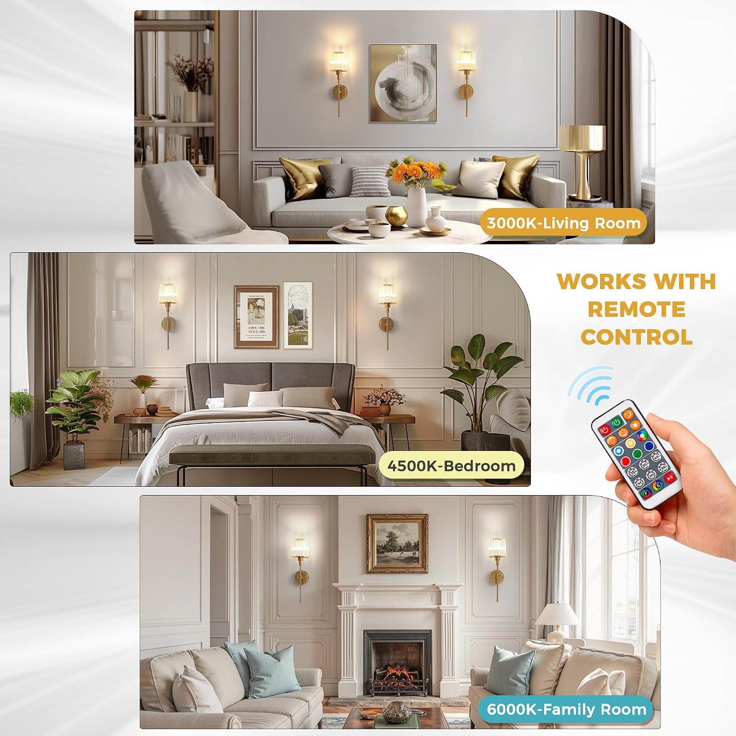 DORESshop Battery Operated Wall Sconce Set of 2, Wireless Wall Light, 15 Color Rechargeable Wall Sconces, Sconce Wall Decor Set of 2 for Bedroom, Living Room, Gold and Crystal, 24.6in