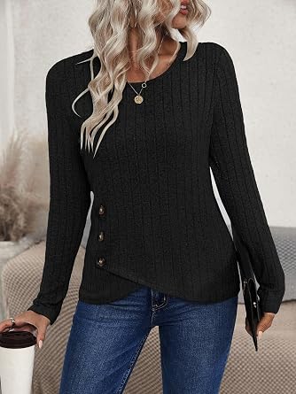 Womens Long Sleeve Tops Soft Ribbed Crew Neck Sweaters with Buttons ...