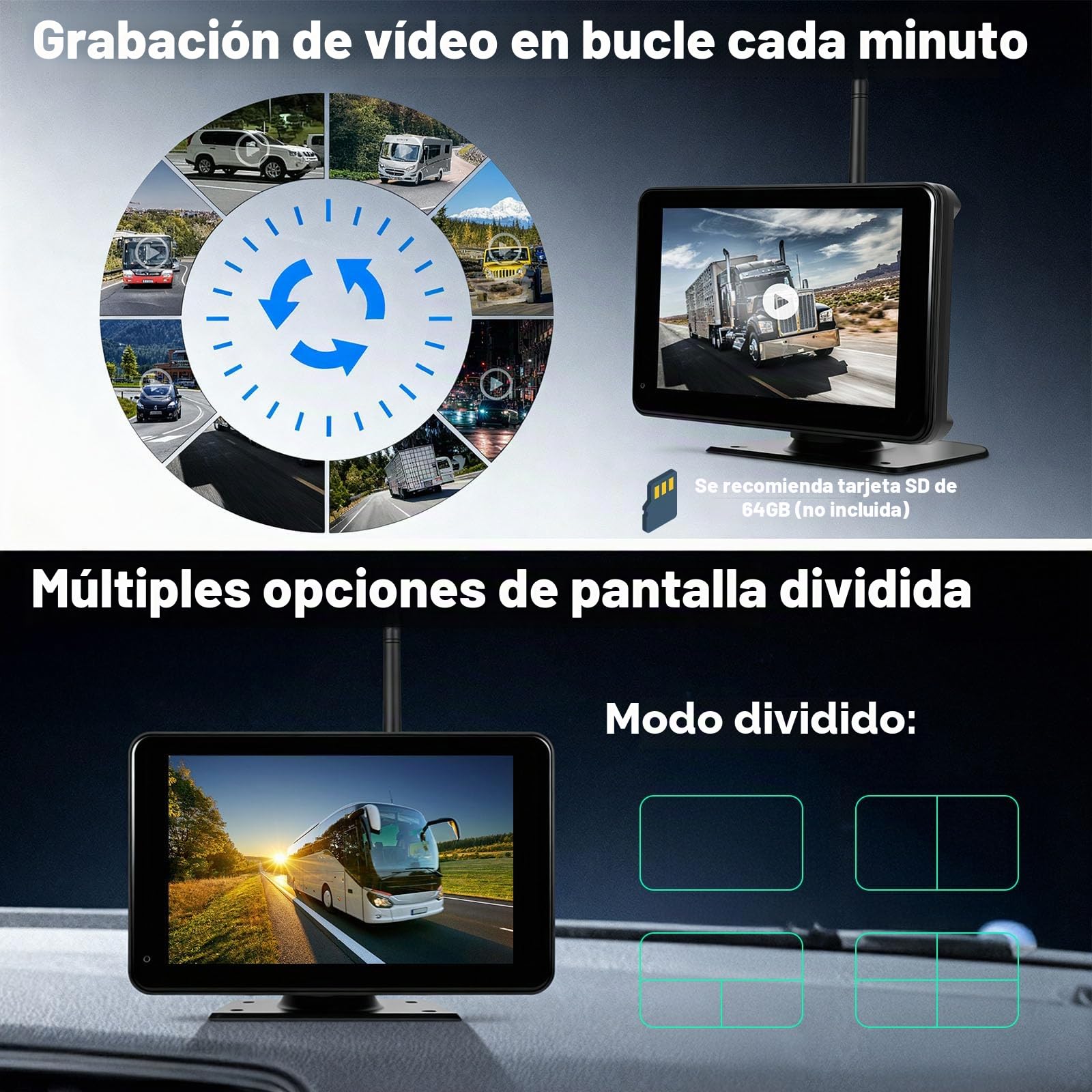 CAMECHO Cámara Marcha Atras Inalámbrica Kit, 7" HD Monitor de Marcha Atrás con Vigilancia de Ángulos Muertos, 1080P Camara Trasera Visión Nocturna Impermeable 68 para Coche/Autobús/Camión/12V-24V