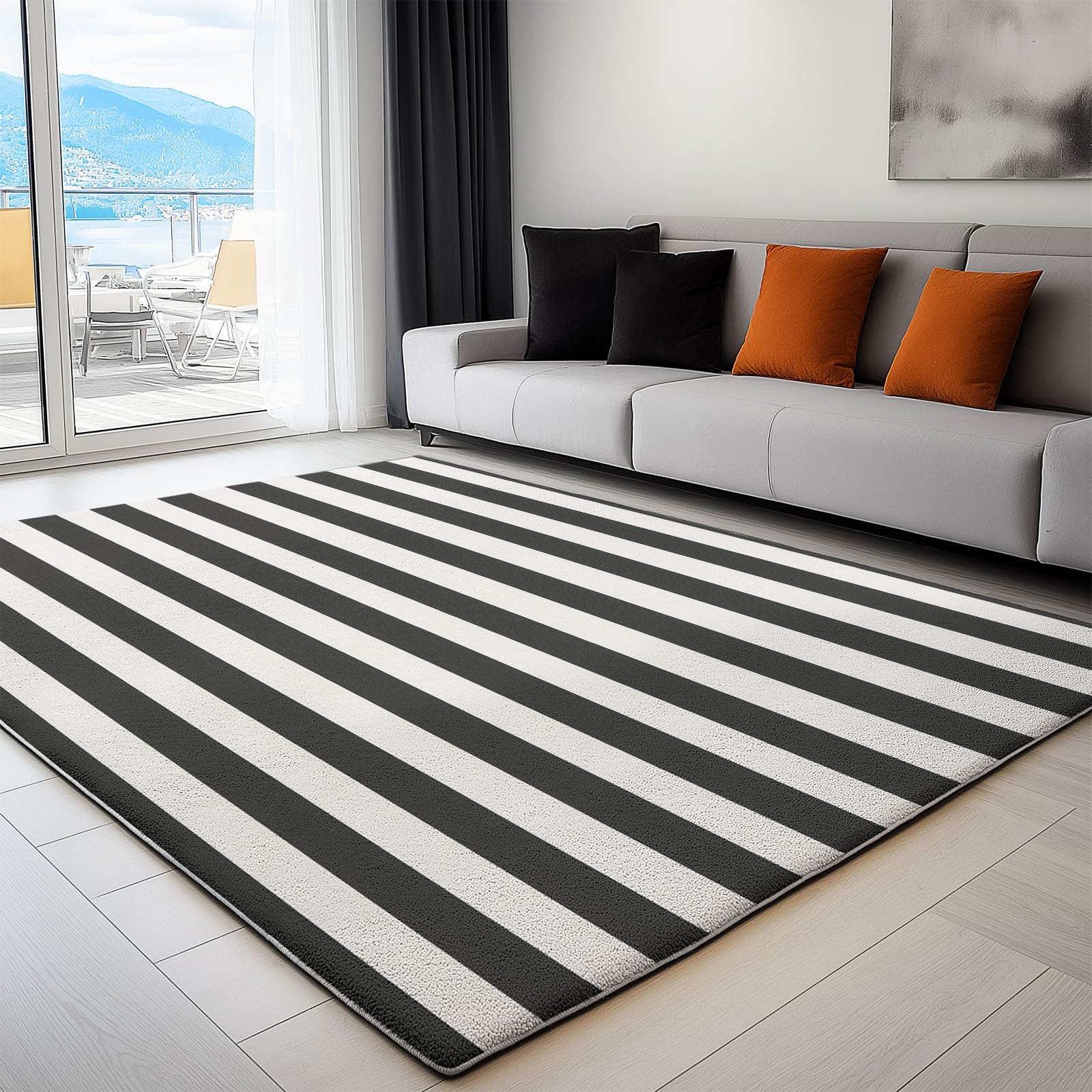 Tapis Lavable en Machine 140 x 200 cm Élégance Moderne Horizontale Et Rayée Tapis Poils Courts Anti-Poussière – Design Élégant et Antidérapant – Parfait pour Salon, Chambre et Couloir, Noir Et Blanc