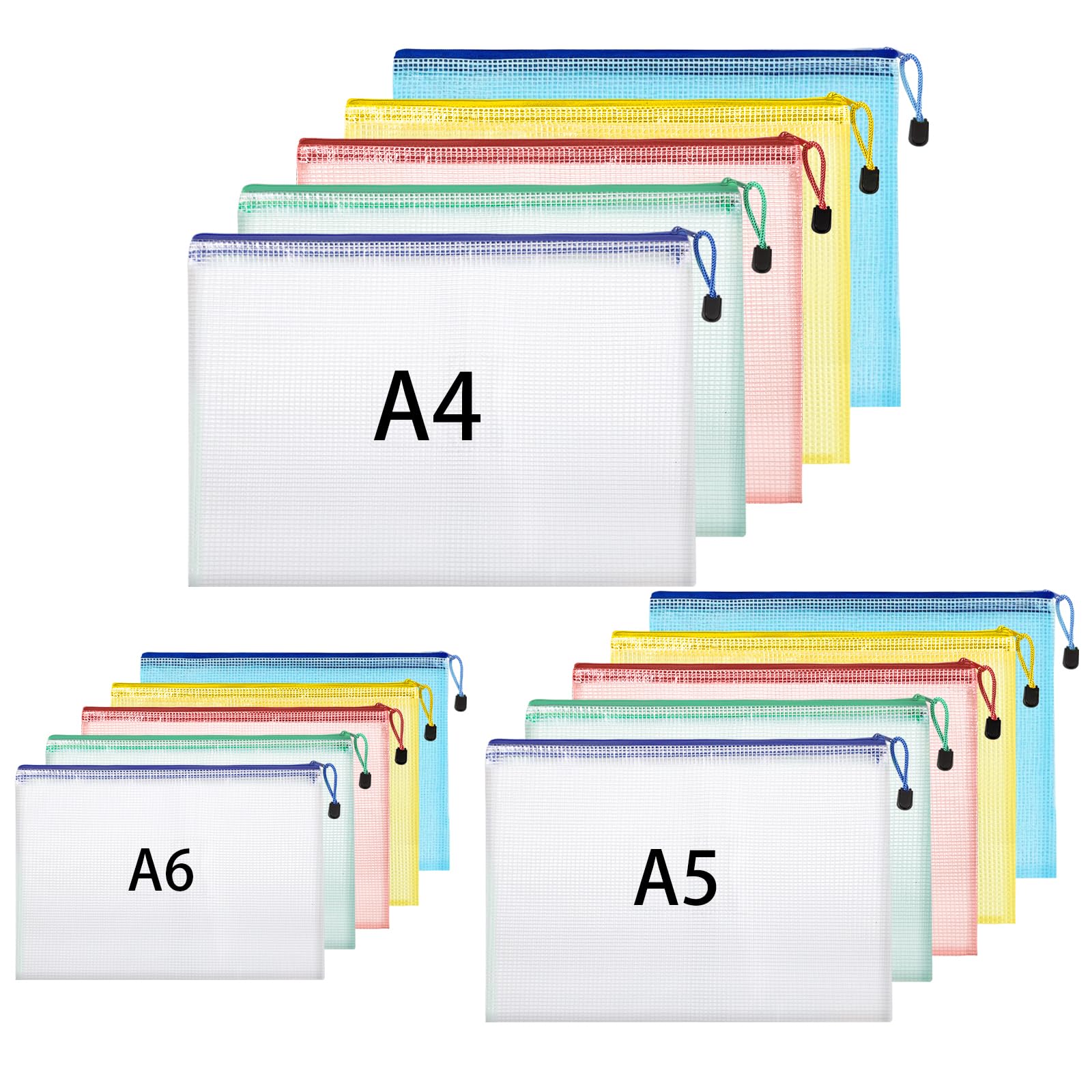 Hemiks 15 Stück Dokumententaschen A4+A5+A6, Transparente PVC Dokumentenmappe Wasserabweisend, Zip Beutel für Unterlagen Schule Büro Reise, mit Etiketten & Aufhängeschlaufe (5 Farben)