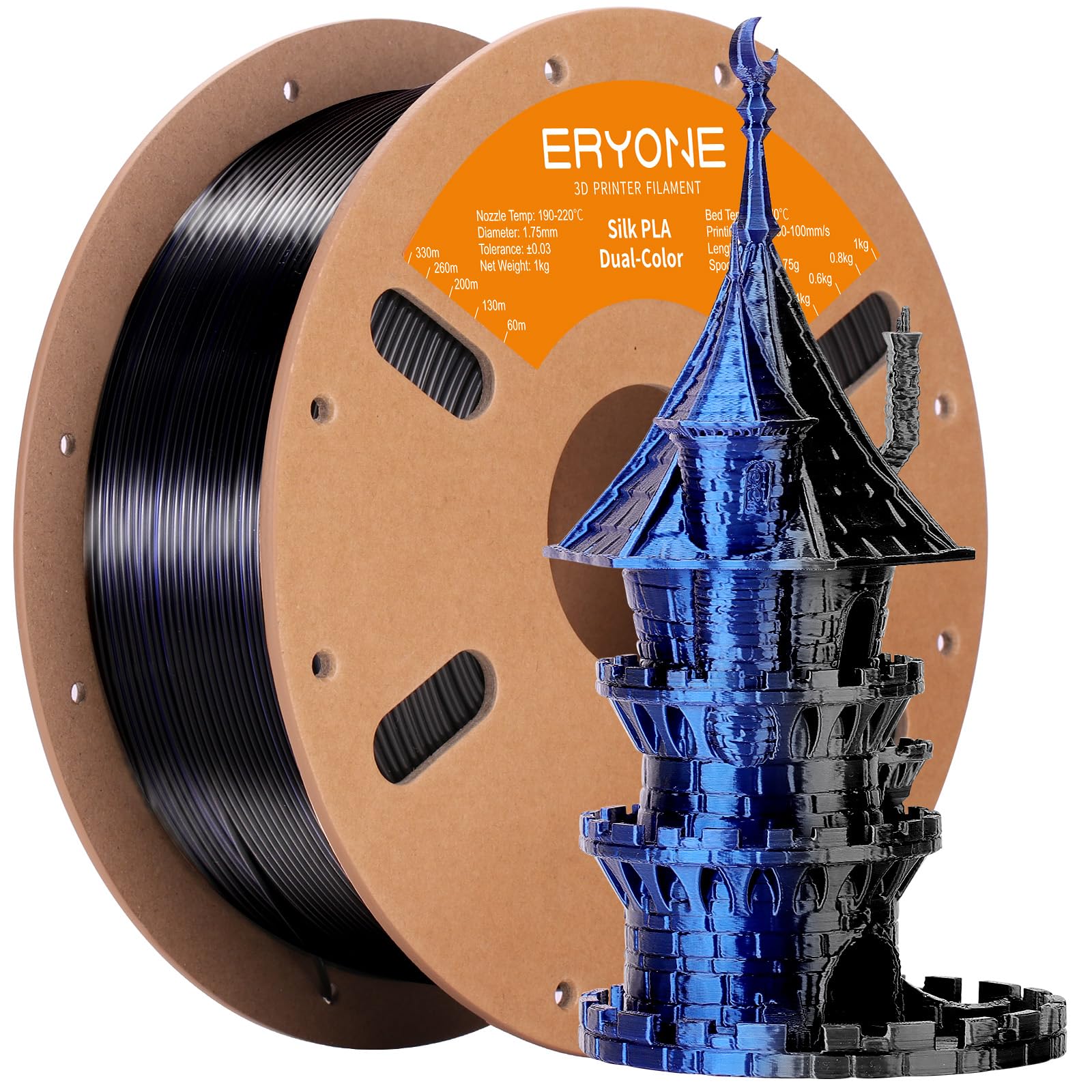 ERYONE Silk Dual Color PLA Filament 3D Printer 1.75mm +/- 0.03mm, Bicolor Filament Two Tone PLA 1KG(2.2lbs) Cardboard Spool, Midnight Blue &amp; Black