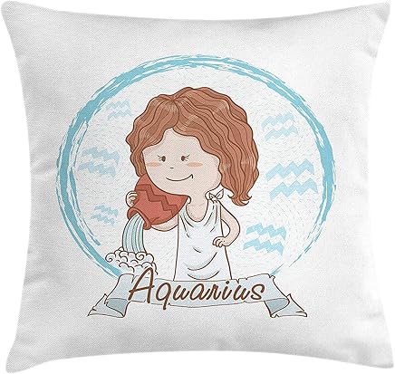 EJjheadband Zodiac Aquarius Throw Pillow Cushion Cover, Little Astrology Girl with a Bucket Birthday Horoscope Character, Decorative Square Accent Pillow Case, 18 X 18 inches, Cinnamon Pale Blue