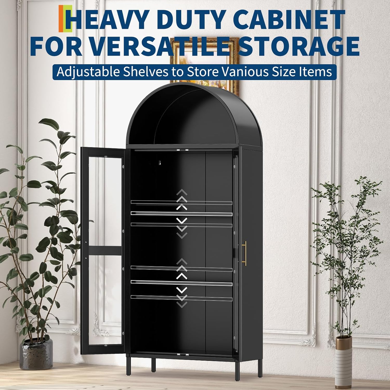 PioneerWorks 73" Arched Metal Storage Cabinet with Glass Door | 2 Adjustable Shelves | Arch-Top Storage Unit for Pantry, Living & Dining Rooms - Dark Black with Legs​​