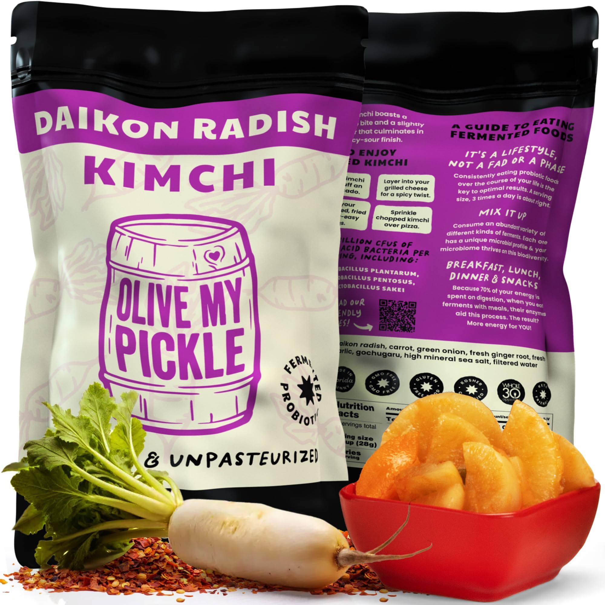 Olive My Pickle Fermented Kimchi - 32 Ounces | 2-Pack Bundle of Probiotic Daikon Radish Kimchi | Fresh & Flavorful Korean Food with Natural Probiotics for Gut Health - Perfect for Ramen & Spicy Noodles