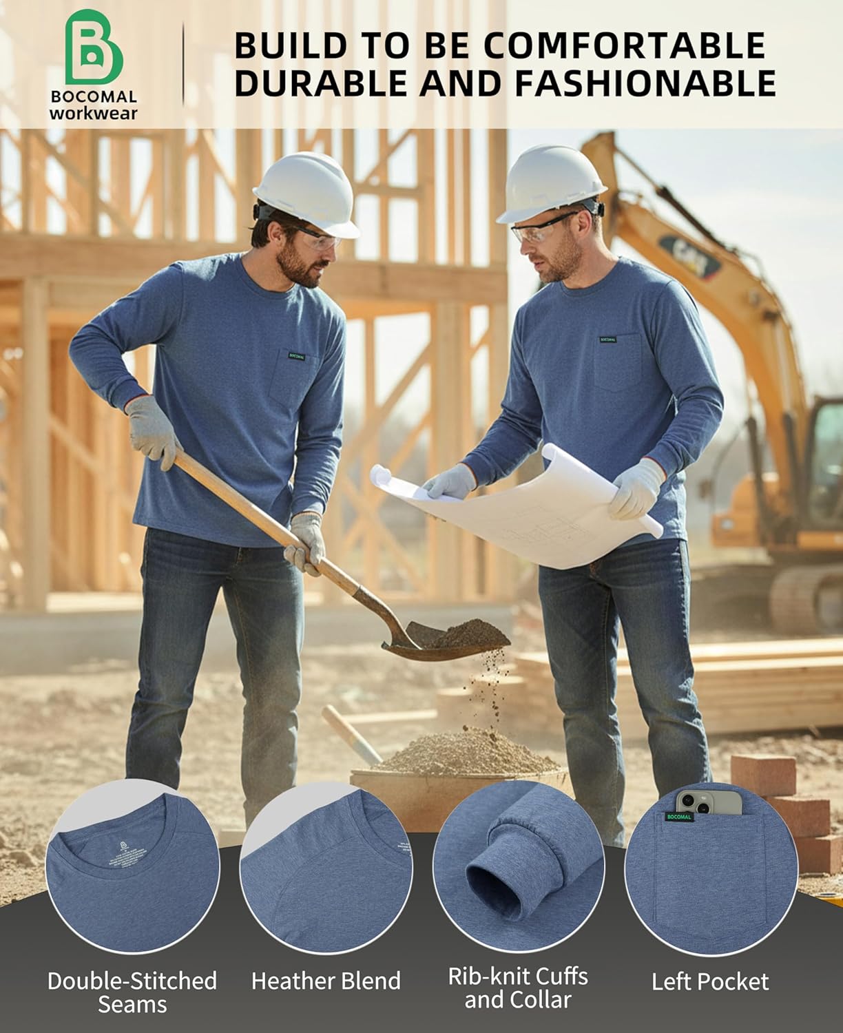 BOCOMAL Men's Long Sleeve Crewneck Work Shirt – Midweight Soft Cotton Tencel Blended Pocket Tee in a Relaxed Workwear Fit - Image 3