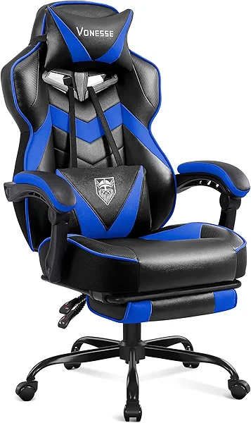 Vonesse Gaming Chair,Computer Chair with Footrest and Massage,Reclining Gaming Chairs for Adults,Big and Tall High Back Gamer Chair (Blue/Black)