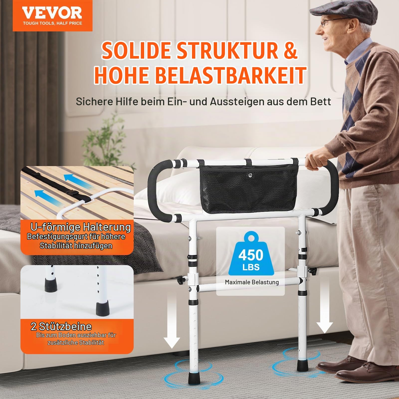 VEVOR Bettgitter für ältere Erwachsene, 180 ° Faltbare Betthilfegitter für Senioren, 4-stufiger Griff, verstellbare Bettseitenschienen, Bettstock mit Aufbewahrungstasche, passend fü